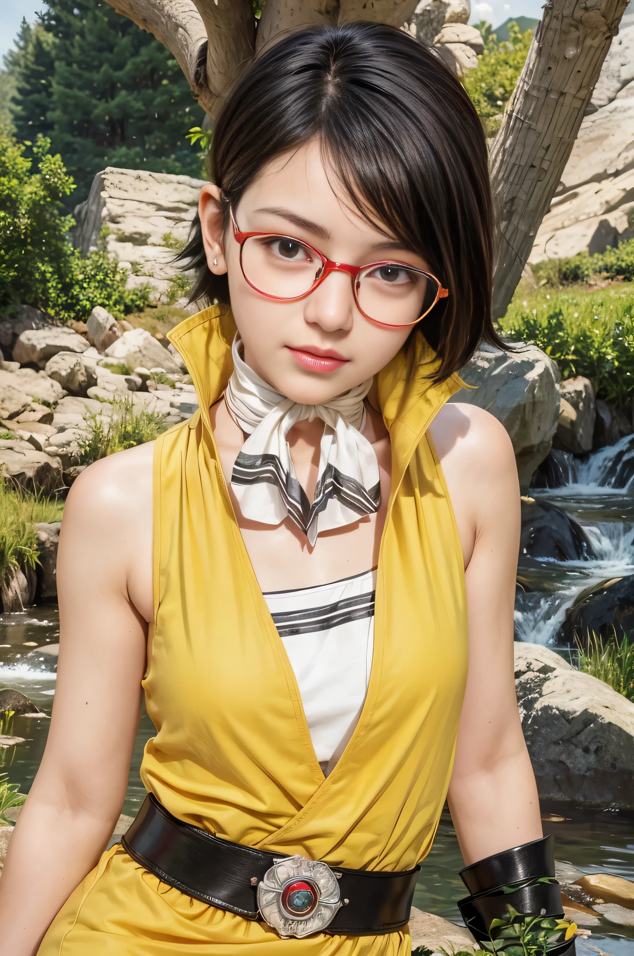 masterpiece, best quality, (realistic,photo-realistic:1.4), (RAW photo:1.2), extremely detailed CG unity 8k wallpaper, delicate and beautiful, amazing,finely detail, official art, absurdres, incredibly absurdres, huge filesize, ultra-detailed,extremely detailed eyes and face,light on face,(little smile),(wearing red framed glasses:1.4),sarada,(black hair:1.4),(very short hair:1.4),(nature background:1.4),neck bandana