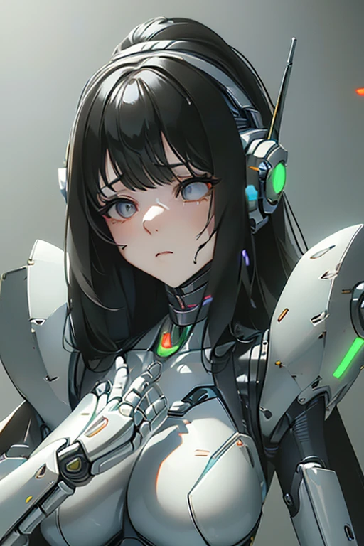 Ultra detailed, girl serious face, Robotic Hands , fully robotic , soldier girl. Cyberpunk , leds . Hands mechanical. Large mechanical.