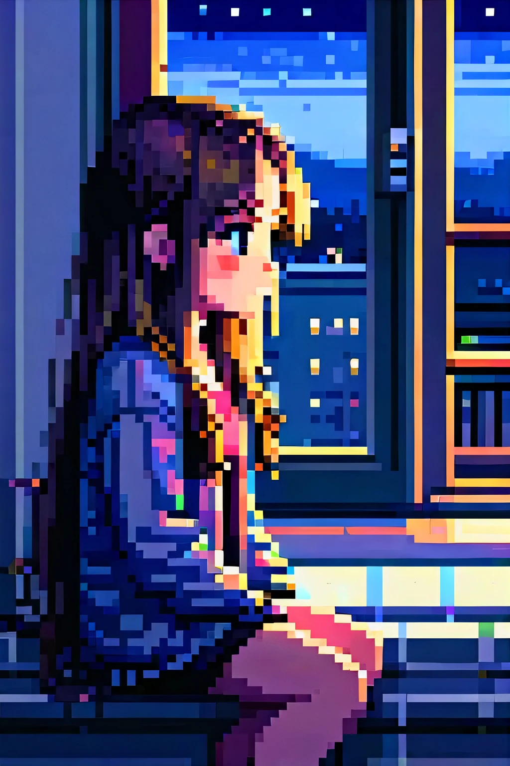 fun pixel art, 1girl, High Resolution, Masterpiece, Accurate, Long Hair, at room, look at window, night, sad