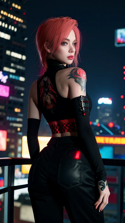 Please redeem，masterpiece，8k, Beautiful woman，(Tops)，spider tattoo on back，black slacks，Female Mafia，Cyberpunk City，night，is looking back at me