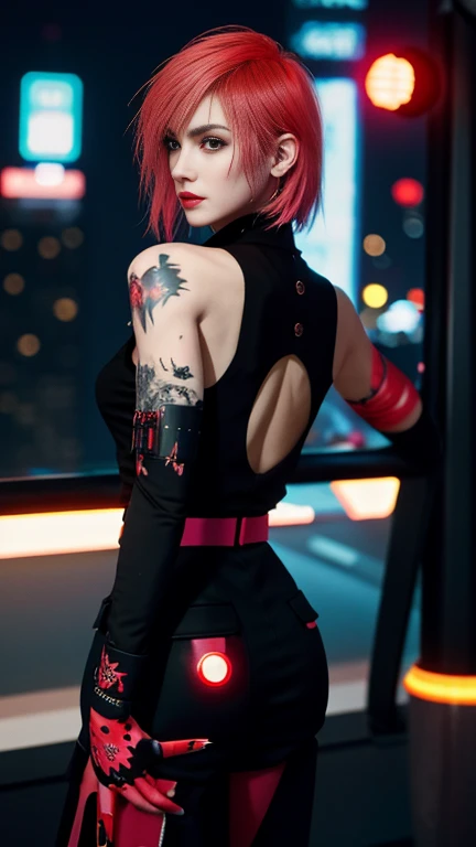 Please redeem，masterpiece，8k, Beautiful woman，(Tops)，spider tattoo on back，black slacks，Female Mafia，Cyberpunk City，night，is looking back at me