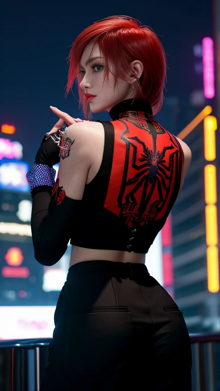 Please redeem，masterpiece，8k, Beautiful woman，(Tops)，spider tattoo on back，black slacks，Female Mafia，Cyberpunk City，night，is looking back at me