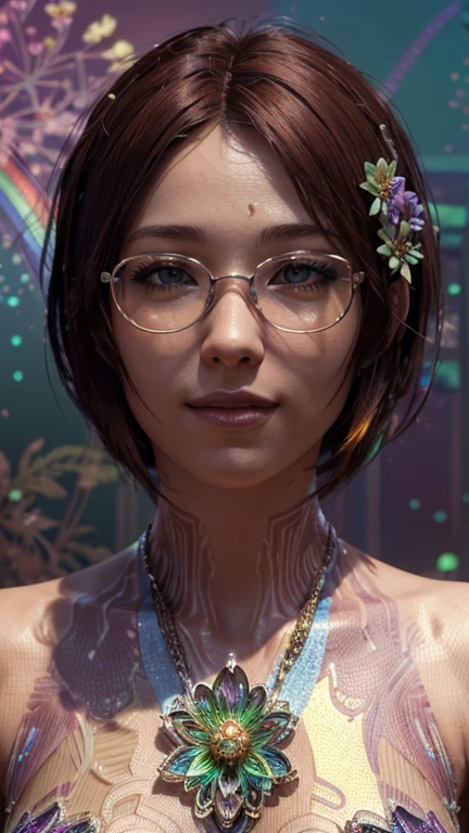 portrait, close-up, upper body. Short red hair, green eyes, glasses with metal frames, hippie clothes, joyful smile, cheerful girl . (masterpiece, top quality, best quality, official art, beautiful and aesthetically pleasing:1.2), extremely detailed,(fractal art:1.2),Colorful,The most detailed, (dynamic pose), (rainbow background:1.5), (many flowers:1.4). ((SPLIT. Skin texture, shiny skin. elegance. photorealism. unreal engine. 3D model. Ultra high quality textures. high detail. permission 8k))