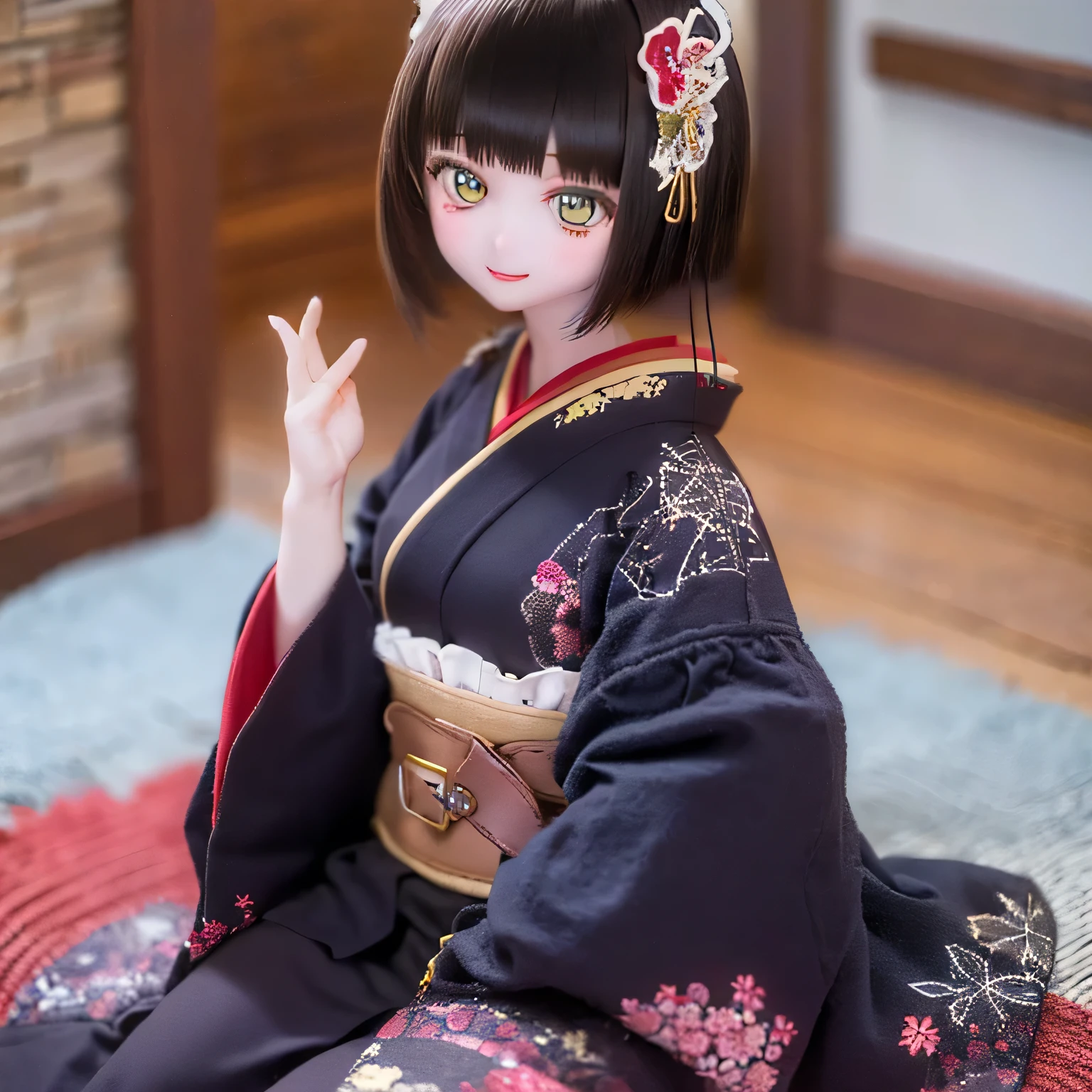 (Please redeem,High resolution,masterpiece:1.2),Very detailed,Realistic,(Me in a kimono,Beautiful details,Beautiful lips details,Very detailed目と顔,Long eyelashes),Traditional Japanese,geisha,hairpin,Delicate embroidery,Floral,Sleeves flow,Harmonious colors,Soft lighting、Smiling face with a fan、Bobcut、Black Hair、Sit upright on the tatami mat