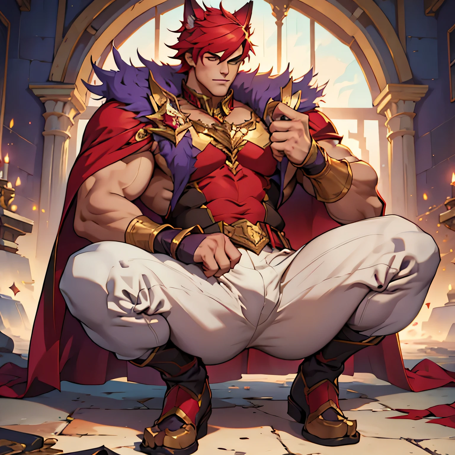 splash art of an extremely handsome eighteen year old big man, Muscular, Messy red hair, he is wearing a purple fur cape over it with gold details, Wide white pants, cat ears, he is crouched on his back, big ass, hd image, pose of coasts