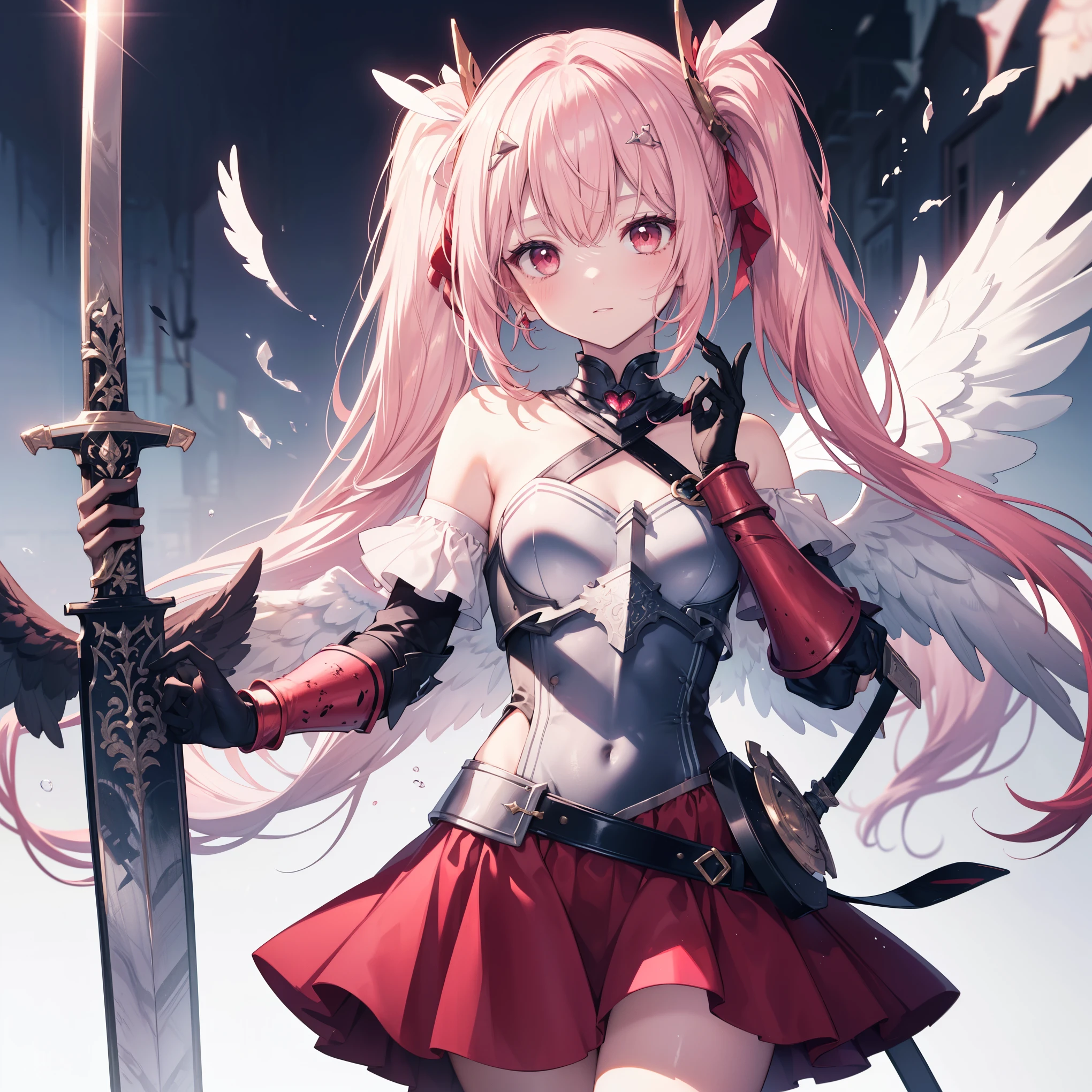 High image quality, masterpiece, Delicate Hair, Delicate eyes, Delicate Hair, ((masterpiece, 最High image quality)), High image quality, masterpiece, Delicate Hair, Delicate eyes,(Photo Original),One Girl, Description of the whole body,((pink)),beautiful girl, ((pinkのLong Hair)), Twin tails, ((Red eyes)), (Angel Wings), Realist, face, Small breasts, ((Crimson Armor Dress)), ((Off the shoulder)),((sword and shield)), Red Gauntlets, bare shoulders, Detailed red armor、gem、Bustier、Red Skirt, mini skirt, that'So ridiculous, Short Strap, Written boundary depth, High resolution, Very detailed,student, Sharp focus, Cinema Lighting, Daikon,Long Hair,(loose Long Hair),Upper Body,Ruins,Strong Shadows,Ash,((Ink wAsh painting)),((ink splAshing)),((color splAshing))