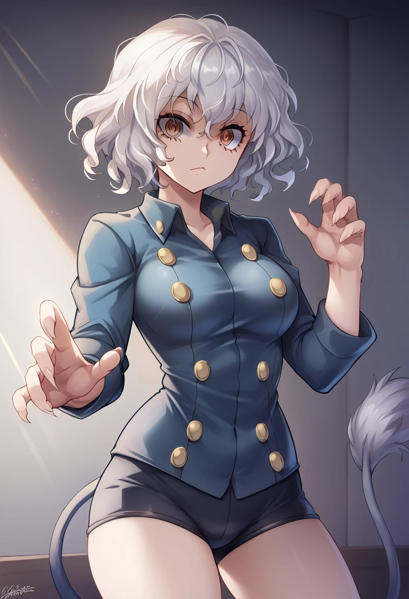 neferpitou, neferpitou, short hair, (golden eyes 1.5), animal ears, hair between the eyes, tail, white hair, cat ears, cat tail, cat girl, curly hair, peitos grandes to break long sleeves, shorts,red , buttons, short and tight shorts short and tight sleeveless tank top blue shirt, to break looking at viewer, to break indoors, academia (cowboy shot:1.5), to break (masterpiece:1.2), best quality, alta resolución, unity 8k wallpaper, (Illustration:0.8), (beautiful detailed eyes:1.6), extremely detailed face, perfect lighting, extremely detailed CG, (perfect hands, perfect anatomy), Hunter x Hunter 