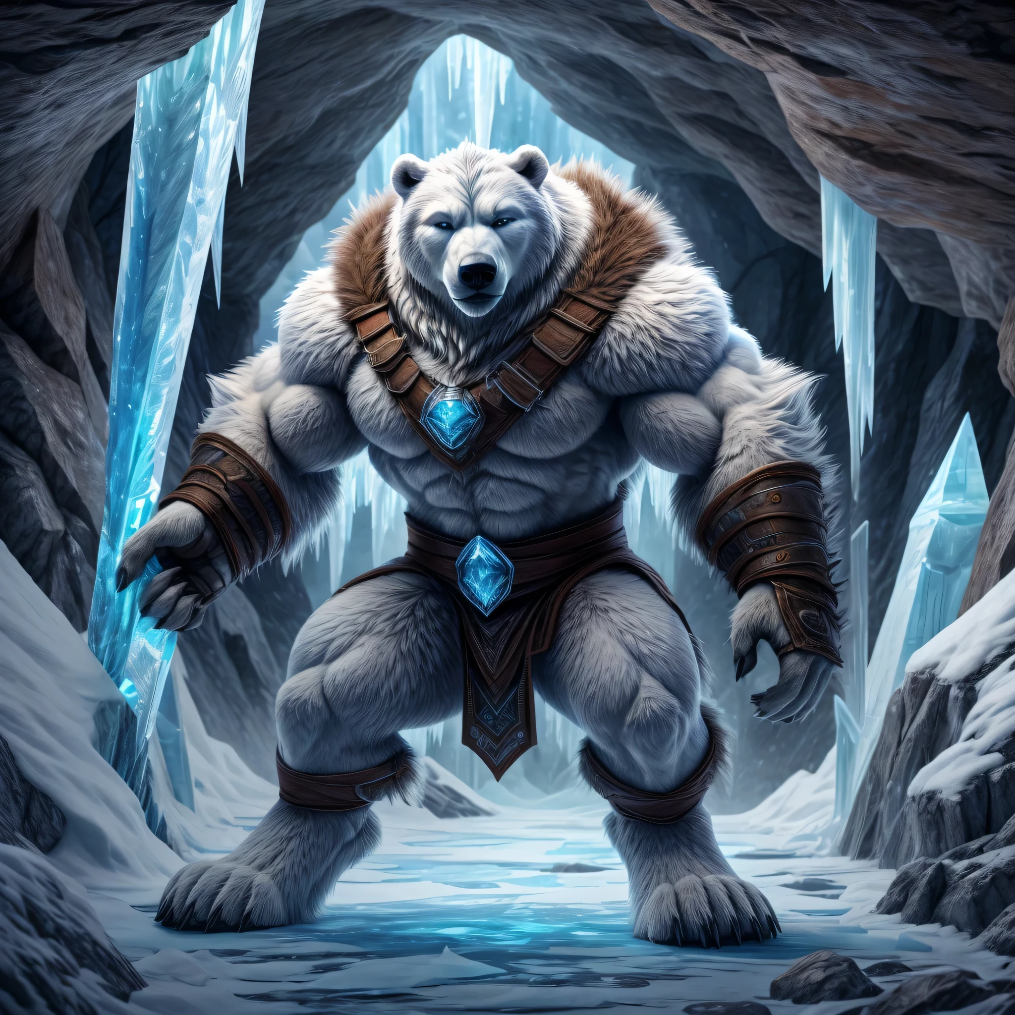 **Title: Arctic Guardian**

**Setting:** A stark, frozen tundra where snowflakes dance in the wind, and the horizon blurs into a white abyss. Jagged ice formations rise dramatically, creating an otherworldly landscape.

**Scene:** Emerging from the depths of an icy cave is a towering, muscular humanoid polar bear. Its physique is imposing, with powerful limbs and a thick coat of pristine white fur that glistens under the pale Arctic sun. This creature stands on two legs, its massive paws transformed into dexterous hands, capable of wielding weapons.

In its grasp, it holds a formidable ice spear, the shaft intricately carved and reinforced with shards of frozen crystal. A bandolier of sharpened icicles hangs across its chest, ready for swift combat. The bear’s intense gaze reveals a surprising intelligence, as if it understands the threats that lurk within its frigid domain.

As it prowls the frozen landscape, it remains alert to intruders—hunters or explorers who dare to disturb its territory. With each calculated step, the ground crunches underfoot, resonating with the weight of its presence.

**Goal:** To navigate this unforgiving environment while evading the Arctic Guardian, unraveling its backstory and discovering the ancient secrets of the ice.