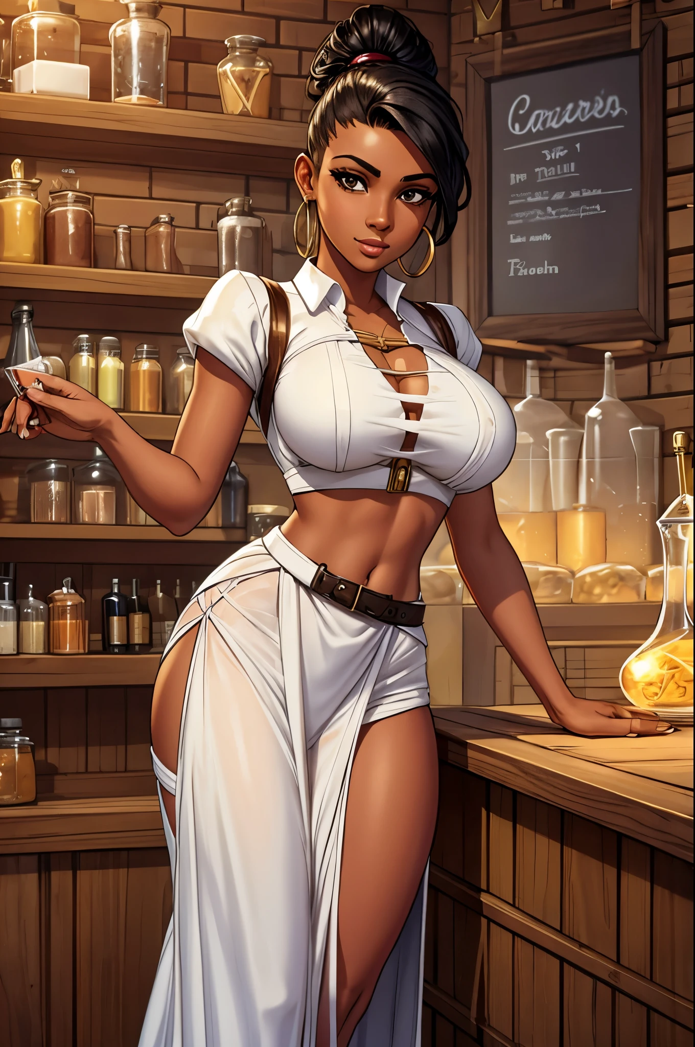 Pocahontas working at a starbucks, starbucks waist apron, too small green apron,exposed pussy, tan skin massive breasts, exposed breasts, cleavage cutout, skimpy outfit, exposed nipples , exposed pussy, holding a cup of coffee, cashier, exposed breasts, nudity, big tits,