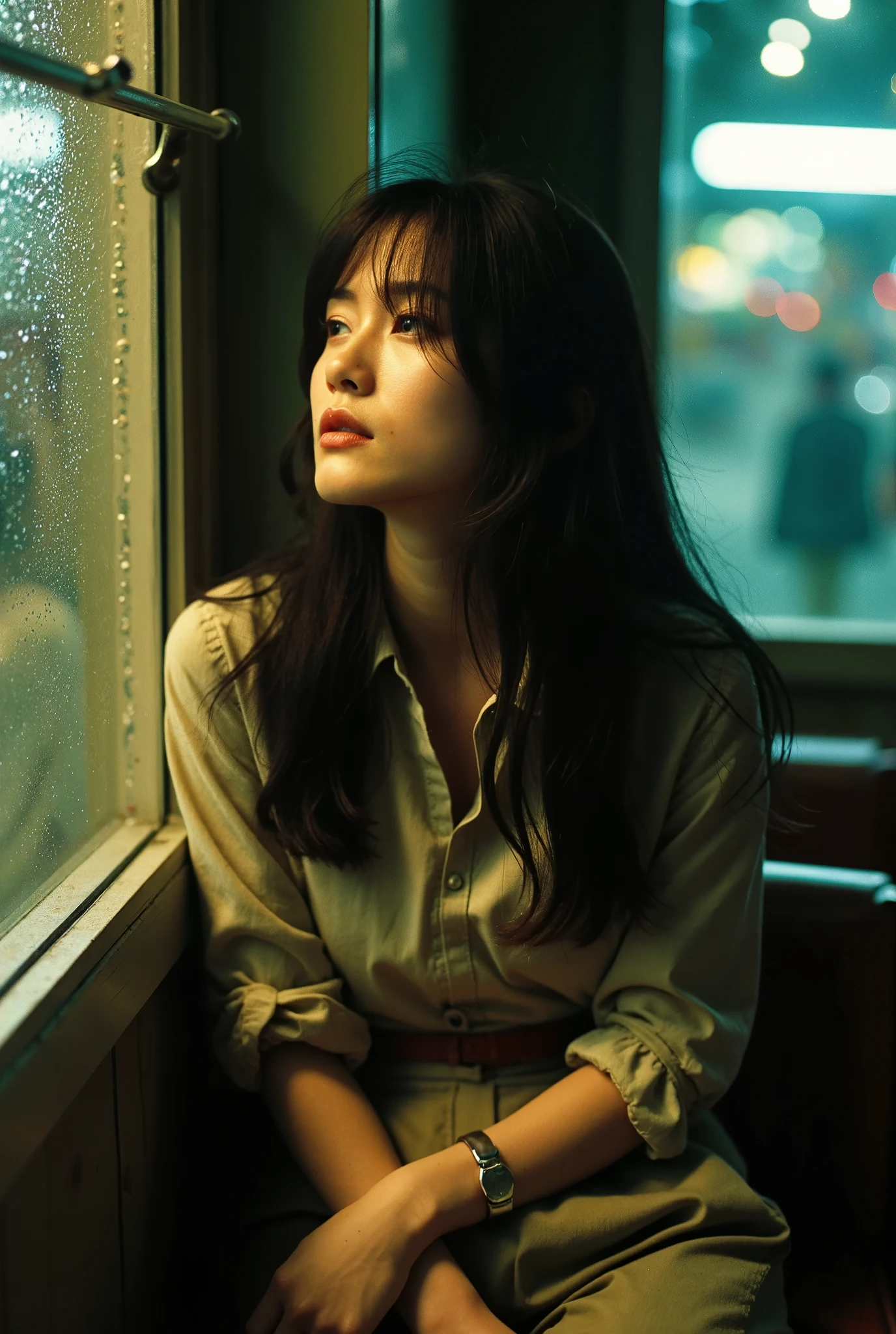 Professional photography, Wong Kar Wai movie lighting style, a charming sorrow Oriental beauty wearing vintage blouse and vintage khaki pants, she has messy long straight hair, she looking down, sitting lean back in corner of restaurant, window with raindrop, set in 80s Hongkong , bokeh