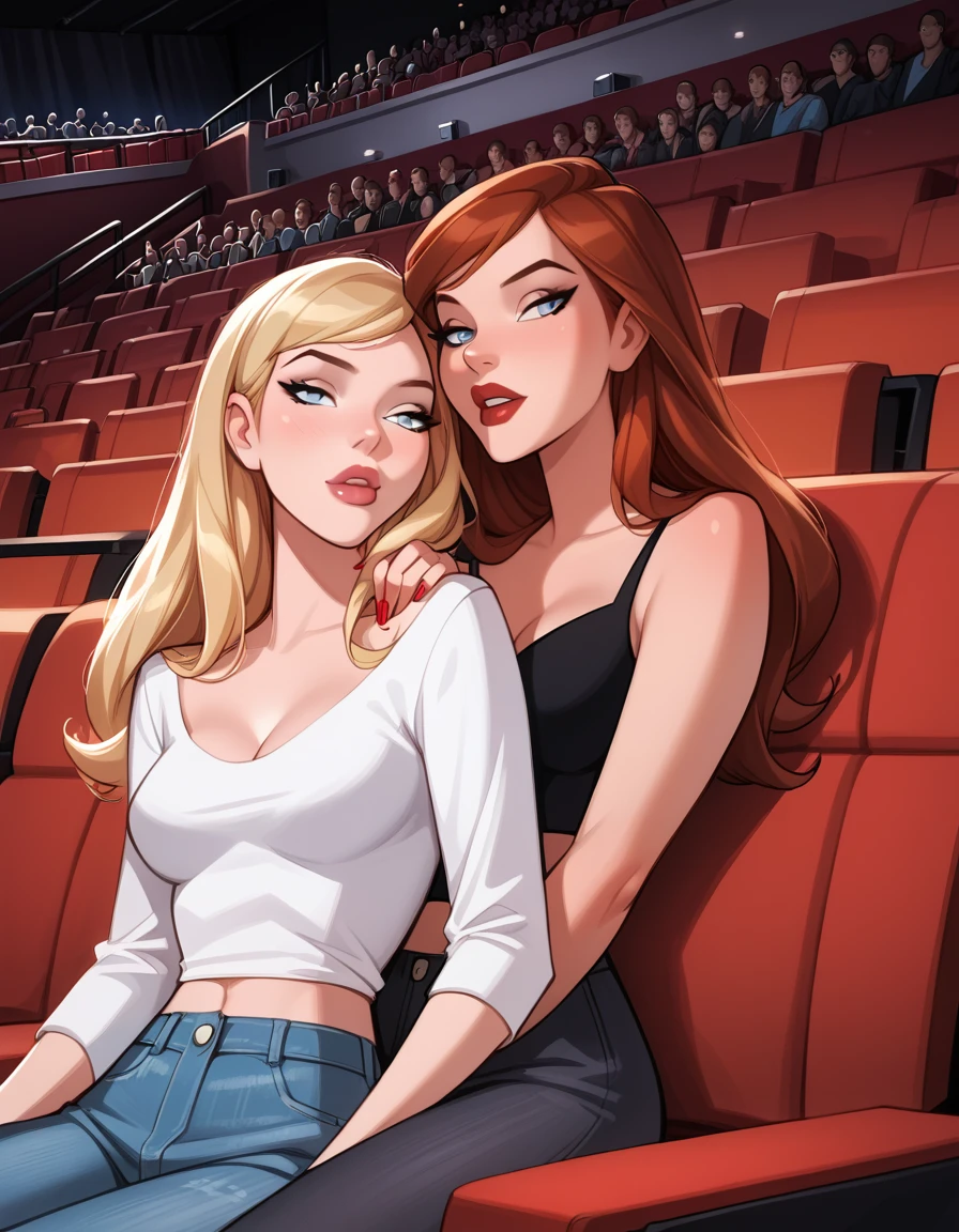 score_9, score_8_up, score_7_up, dcaustyle, source_cartoon, 2girls, duo, (Kara Zor-El, blonde:1.3) and (Barbara Gordon, reddish brown hair:1.2), wearing sexy casual clothes, midriff, wedge, flirt, gaze, sexy look, half-closed eyes, head tilt, filled lips, thick lips, makeup, in a (movie theater, cinema, large crowd:1.4), romantic date, in love, expressiveh d4rk01l, perfect hands, perfect proportions.