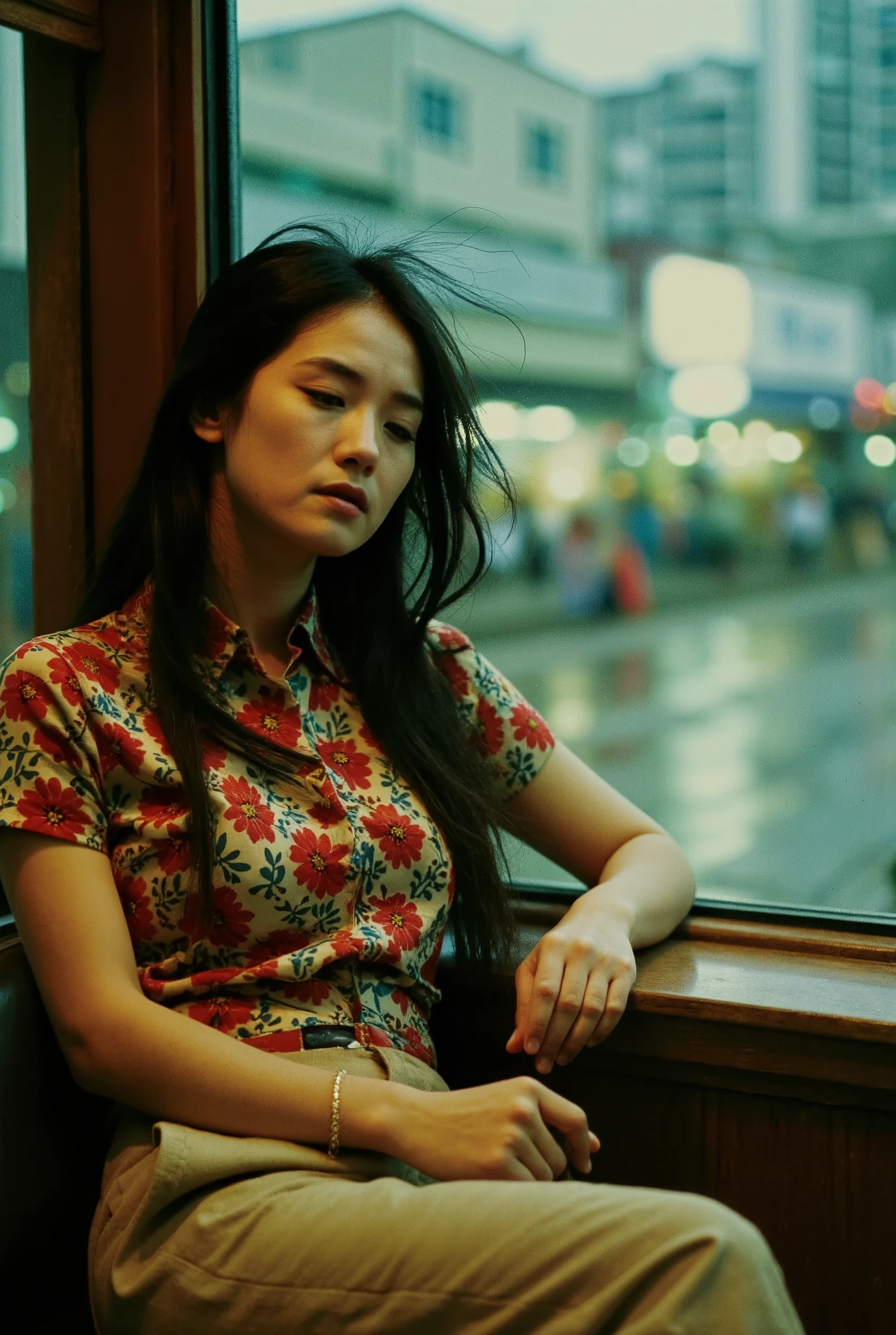 Professional photography, Wong Kar Wai movie lighting style, a charming sorrow Oriental beauty wearing vintage blouse and vintage khaki pants, she has messy long straight hair, she looking down, sitting lean back in corner of restaurant, window with raindrop, set in 80s Hongkong , bokeh