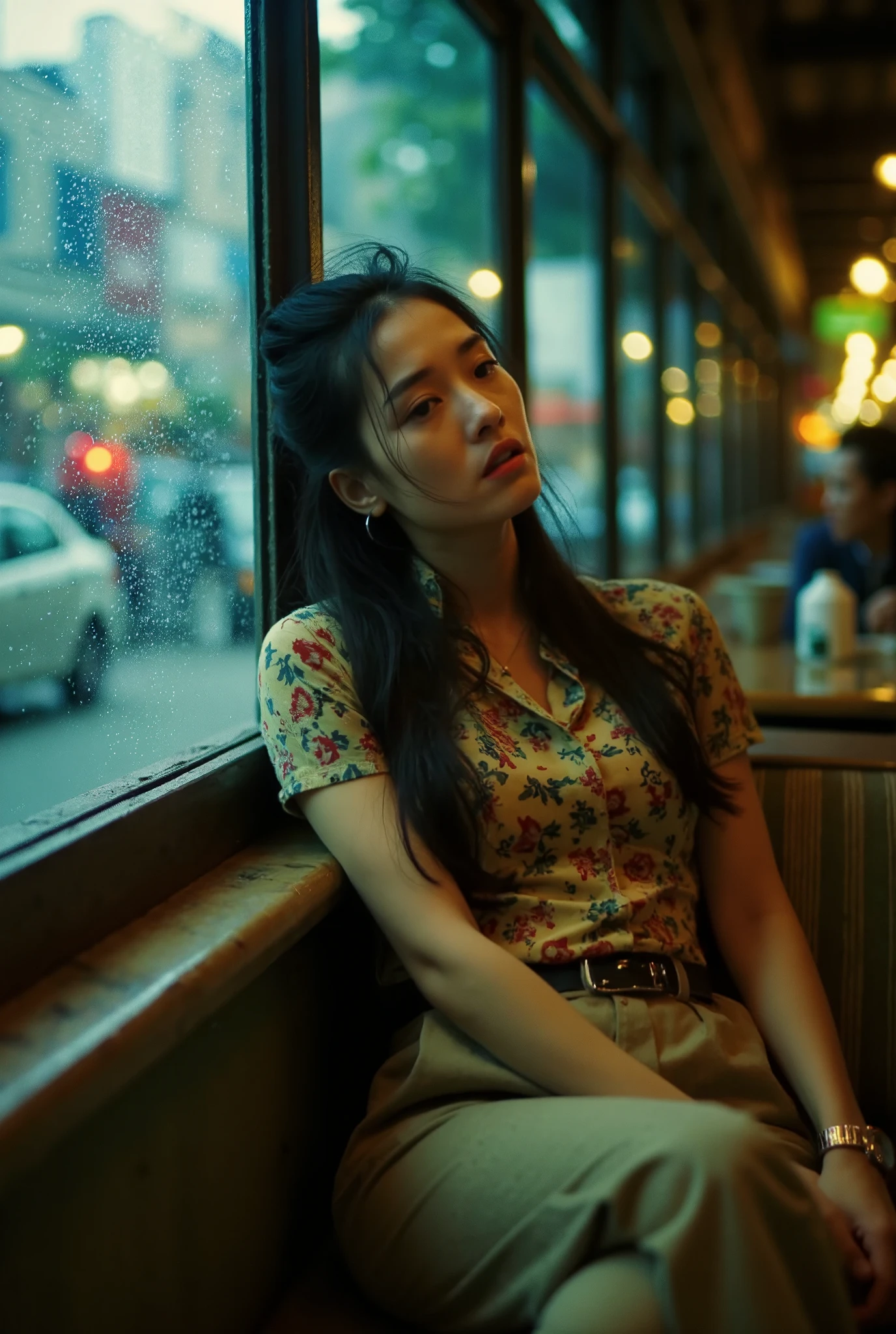 Professional photography, Wong Kar Wai movie lighting style, a charming sorrow Oriental beauty wearing vintage blouse and vintage khaki pants, she has messy long straight hair, she looking down, sitting lean back in corner of restaurant, window with raindrop, set in 80s Hongkong , bokeh