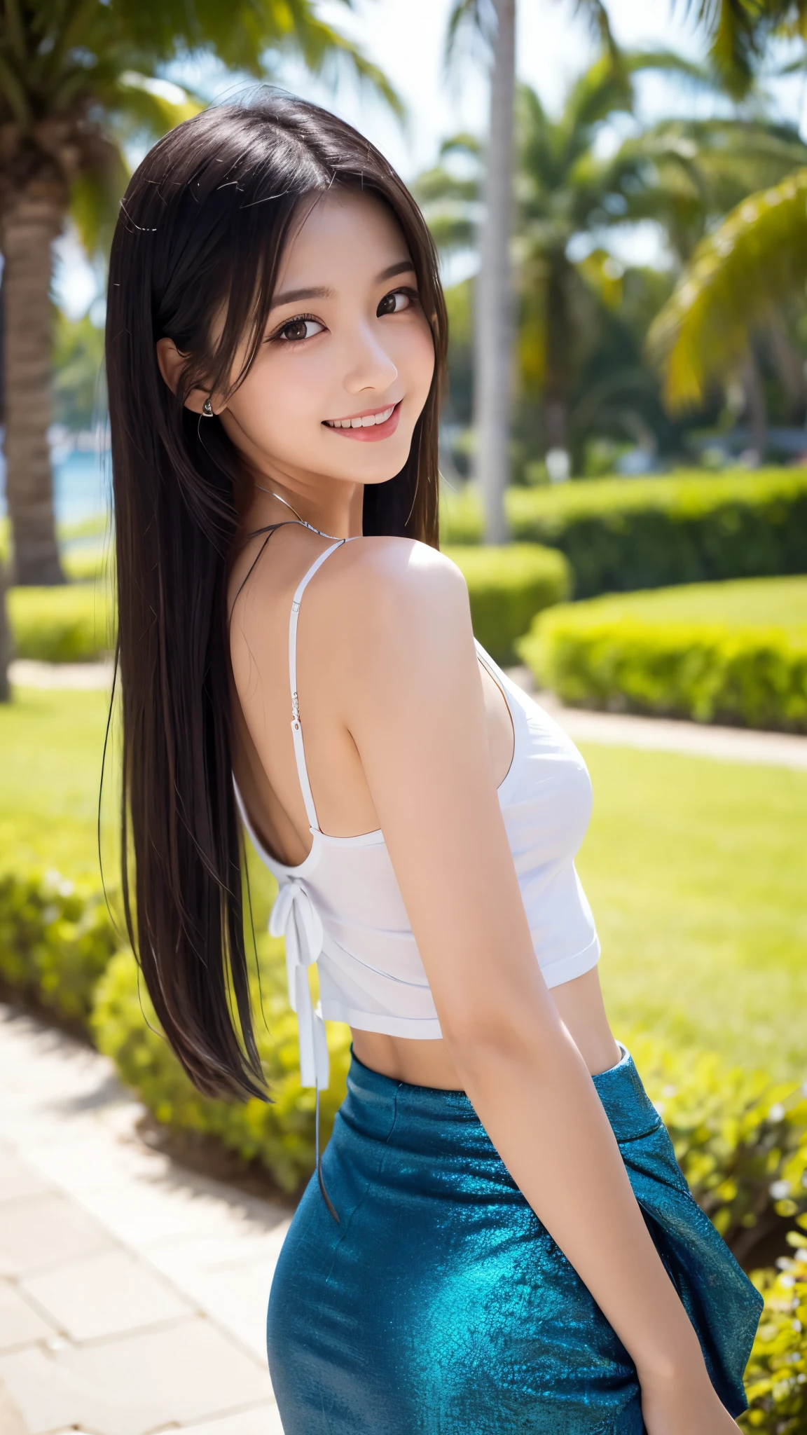 The sea sparkling in the morning sun , (Sexy white tank top and metallic blue slit skirt: 1.2), Nipples,Tropical islands, Palm trees,Straight hair,Long Hair, Dark blue eyes, 1 girl, 20 years old, (Intricate details: 1.2), (Detailed eyes), Half an eye,(Detailed face), smile,Fine texture,Blushed,Medium Chest,Slim figure, Narrow waist,Small Ass , Long, slender legs,Visible parts: someone's thighs, between their skirts ,Beautiful Hands,Slim butt,Narrow shoulders,View your viewers,Dynamic pose,