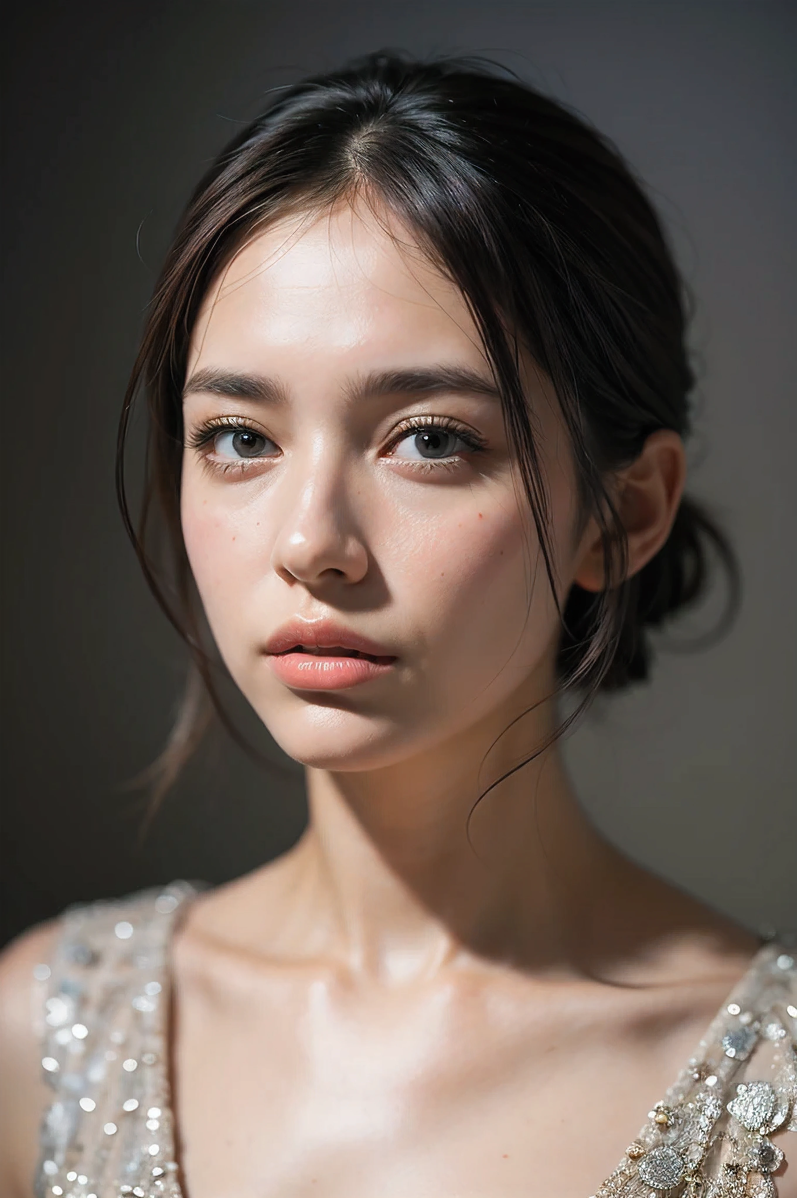 best quality, ultra high res, (photorealistic:1.4), (detailed beautiful girl:1.4), (medium breasts:0.8), looking_at_viewer, Detailed facial details, beautiful detailed eyes,Brown Hair, blue eyes, slender, haunting smile, (makeup:0.3), red lips, highly detailed clothes, (ulzzang-6500-v1.1:0.3) 
