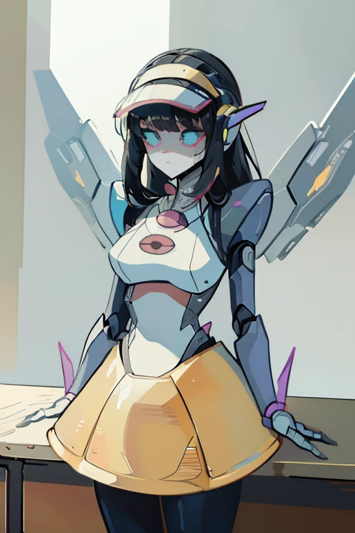 1girl,sexrobot,robot, robot joints,huge breasts,wide hips,thick thighs,blush,standing,science fiction,pink eyes,pussy,mechanical skirt ,mechanical wings,cleft of venus,(happy),smile,half-closed eyes,(cowbot shot),factory,blue skin