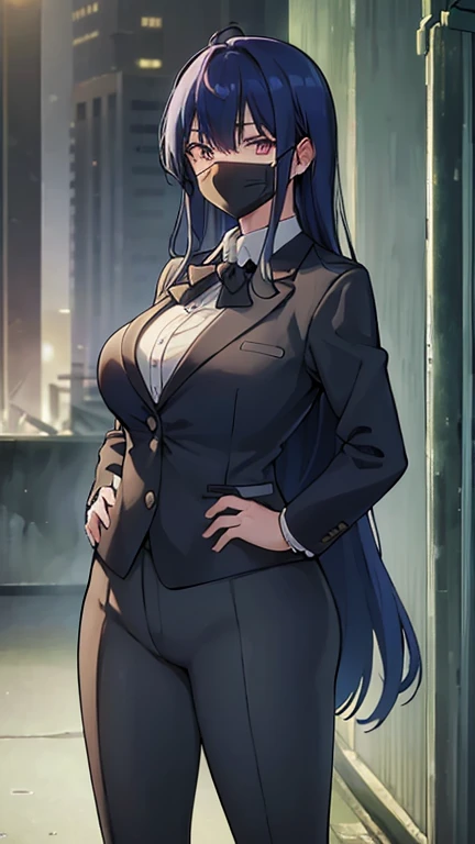 (Masterpiece: 1.6, Best Quality), (Fine and Beautiful Eyes: 1.2), (Overhead), High Quality, Beautiful Face, 1girl, Leather Tight Skirt, Extra Large Leather Jacket, Big Tits, Long Hair, Wide Hips, (Landscaped), Street, Background, Detail Background, Spooky Grin, Angled Laughter at the Corners of Mouth, Long Coat, Shirt, Tie, Office Lady, Mature