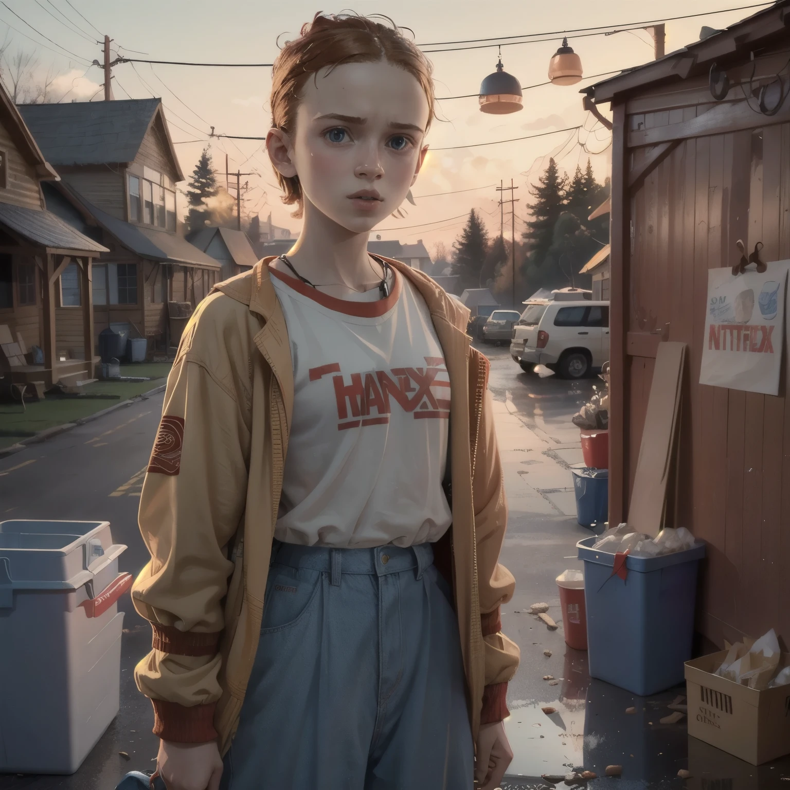 max mayfield, stranger things, netflix, wearing casual clothes, in the background there is a cabin, front view
