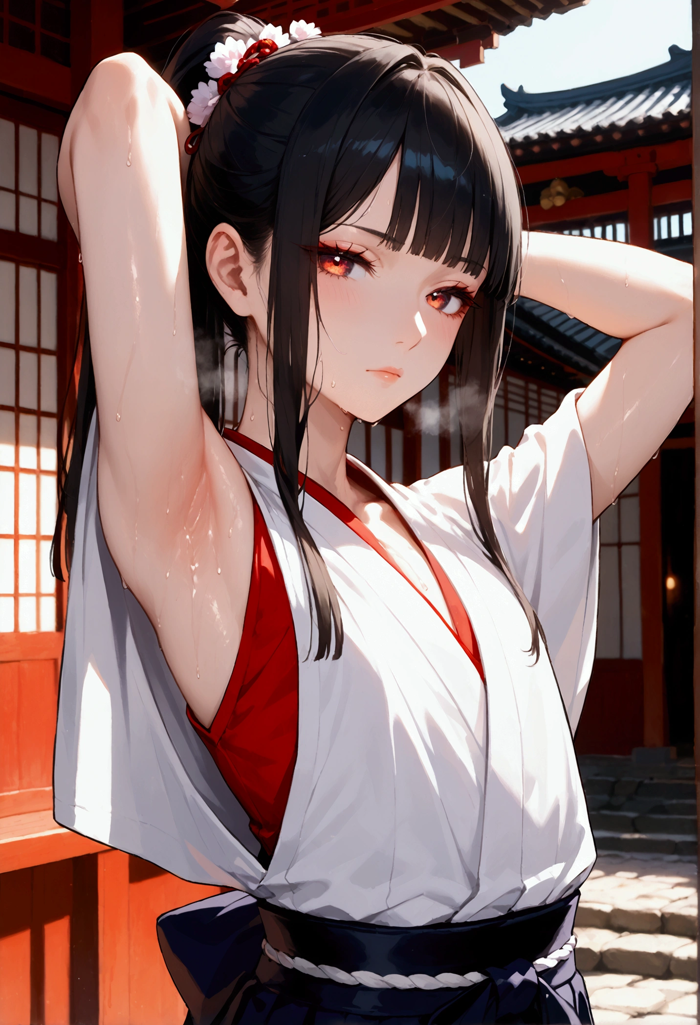 core_9, score_8_up, score_7_up, Very beautiful boy,Show your armpits,Upper body close-up,steam,, Serious expression,, Shrine Maiden&#39;s Clothing,kimono,Hakama,Black Hair,,ponytail,Hime cut,Japanese Garden,Unreal beauty,Captivating eyes, femboy, trap,Sweaty armpits,Sweating,Beautiful Shadows,Best Quality, (Intricate details), Cinematic Light,Ray Tracing