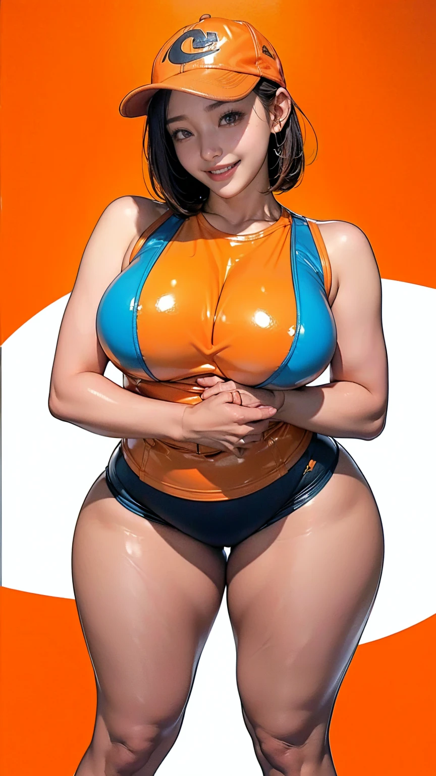 Blue blank background, (1girl:1.3), photo from the waist up, Anatomically correct, Accurate Anatomy, Carrying a large bundle of chains, (Fitted clothing, Camel toe, Orange fitted latex tank top, Orange latex shorts, Fitness Style:1.3), Smiling with some teeth showing, (Thick thighs:1.2), (Her breasts are of normal size:1.3)