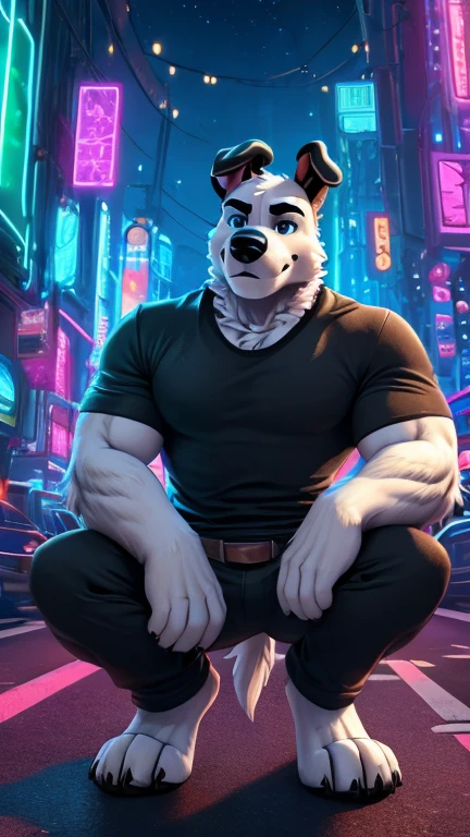 (1boy, dog, dudleypuppy), (extremely detailed CG unit 8k wallpaper),(master part), (best quality), (ultra detail), (best illustration),(Tsukasa Hojo style), cowboy shot, Paw pose, show Paws show claws, (Sharp eyeliner, ombre, detailed eyes:1), dark, night, neon light, cyberpunk city, digital art, break , upper body, close up, crouching, Sharp claws, white fur, black shirt 