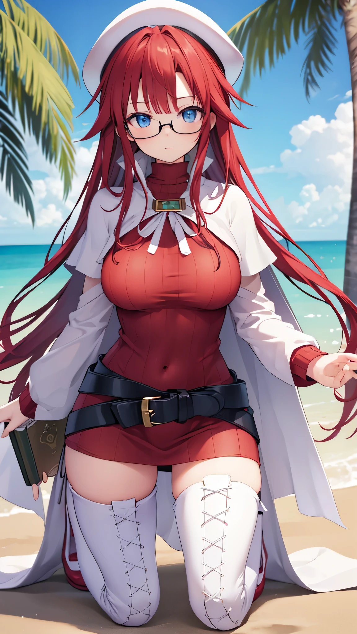 summonnightaty, aty, (young:1.3),long hair, blue eyes, red hair, big_tits, hat, glasses,
BREAK long hair, thighhighs, hat, dress, naked_legs, glasses, belt, cape, sweater, zettai ryouiki, beret, thigh boots, white footwear, ribbed sweater, loose belt,solo,
BREAK outdoors, fantasy,on_beach,
,Highquality_hads,perfect_fingers,
BREAK (masterpiece:1.2), best quality, high resolution, unity 8k wallpaper, (illustration:0.8), (beautiful detailed eyes:1.6), extremely detailed face, perfect lighting, extremely detailed CG, (perfect hands, perfect anatomy),covered_nipples,covered_navel ,half_eyes,long_sword,sleepy,red_sweater,apart_knees,magical_effect,spread_legs, have_a_book,teacher,rise_knee,Smile,rise_hand,look_down_viewer,spread_arms,sea_waves,looking_into,blue_sky,plump,open_mouth, dynamic_posing,solo