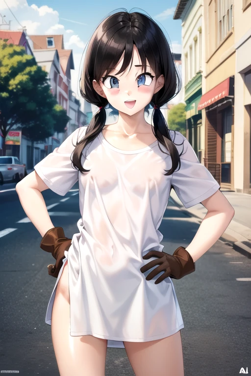 kvideldbz, 1girl, solo, looking at viewer, blush, smile, open mouth, blue eyes, long shirt, black hair, happy, twintails, white shirt, upper body, outdoors, day, tree, brown gloves, hands on hips, sign, road, bush, tongue, collarbone, short sleeves, eyelashes, raised eyebrows, retrato de la parte superior del cuerpo, nalga en el aire, sin ropa interior, Without trousers, pezones marcados,(levanta la falda el viento), escote, dynamic, ultra high definition, 32k, (perfect anatomy:1.5), piernas perfectas, al estilo de Artgerm y Adam Hughes, brazos perfectos, sin ropa interior, sin calzon, upskirt, se ve un poco de su vagina, blonde pubic hair, La falda revolotea en el viento、sin bragas、Falda elevadora de viento, outdoor location