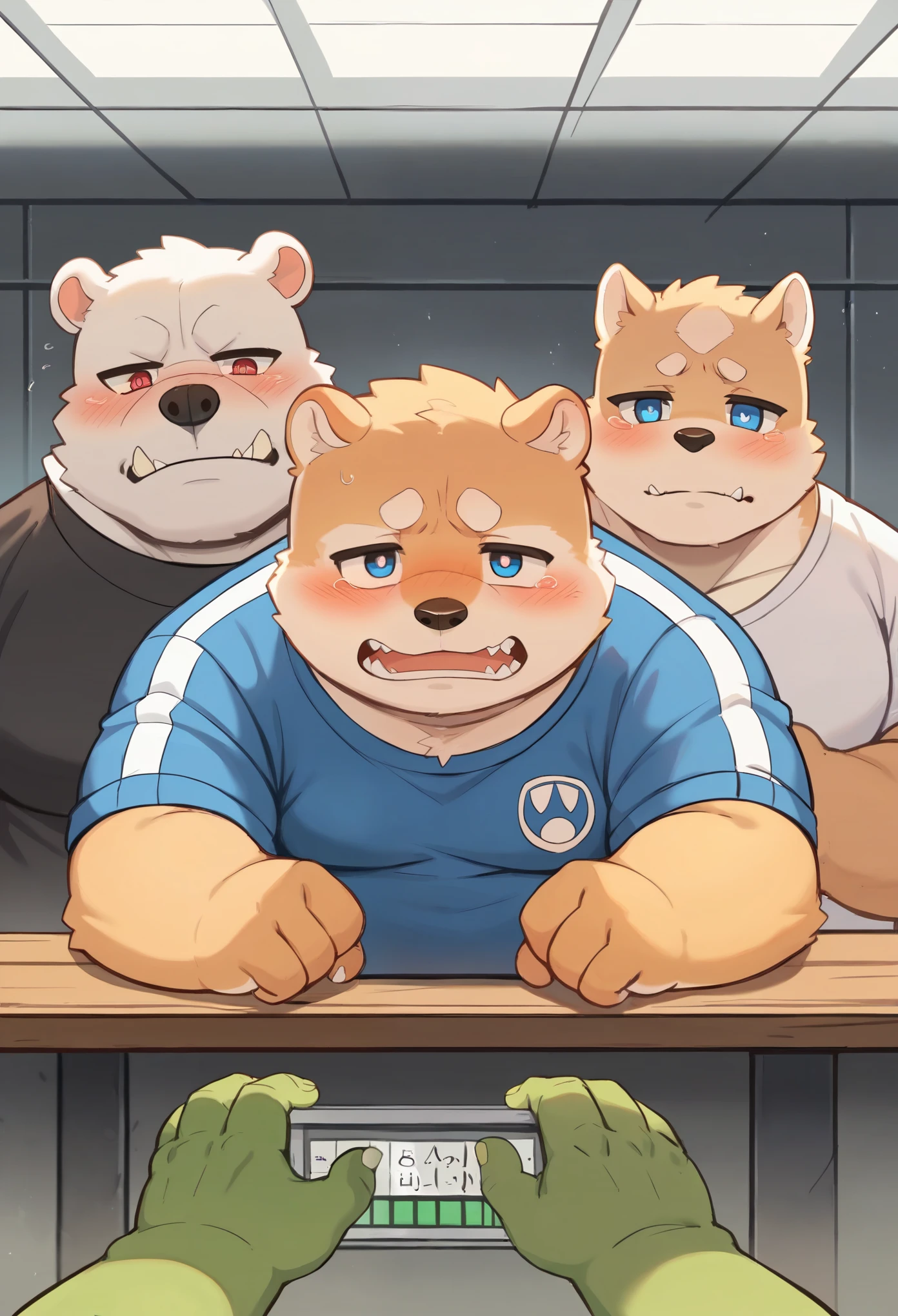 2boy，(masterpiece)，(Very detailed)，(Best quality)，Furry Shiba Inu Orc，Furry white polar bear orc，Hands on the table，Side face，Shiba Inu red pupils，White bear blue pupils，Chubby，(Poor)，(blush:1.1)，((Shy))，紧张Shy的表情，Underground garage background，8k，(high quality)，(Ultra high quality)，(Looks super detailed)，(Best Works)