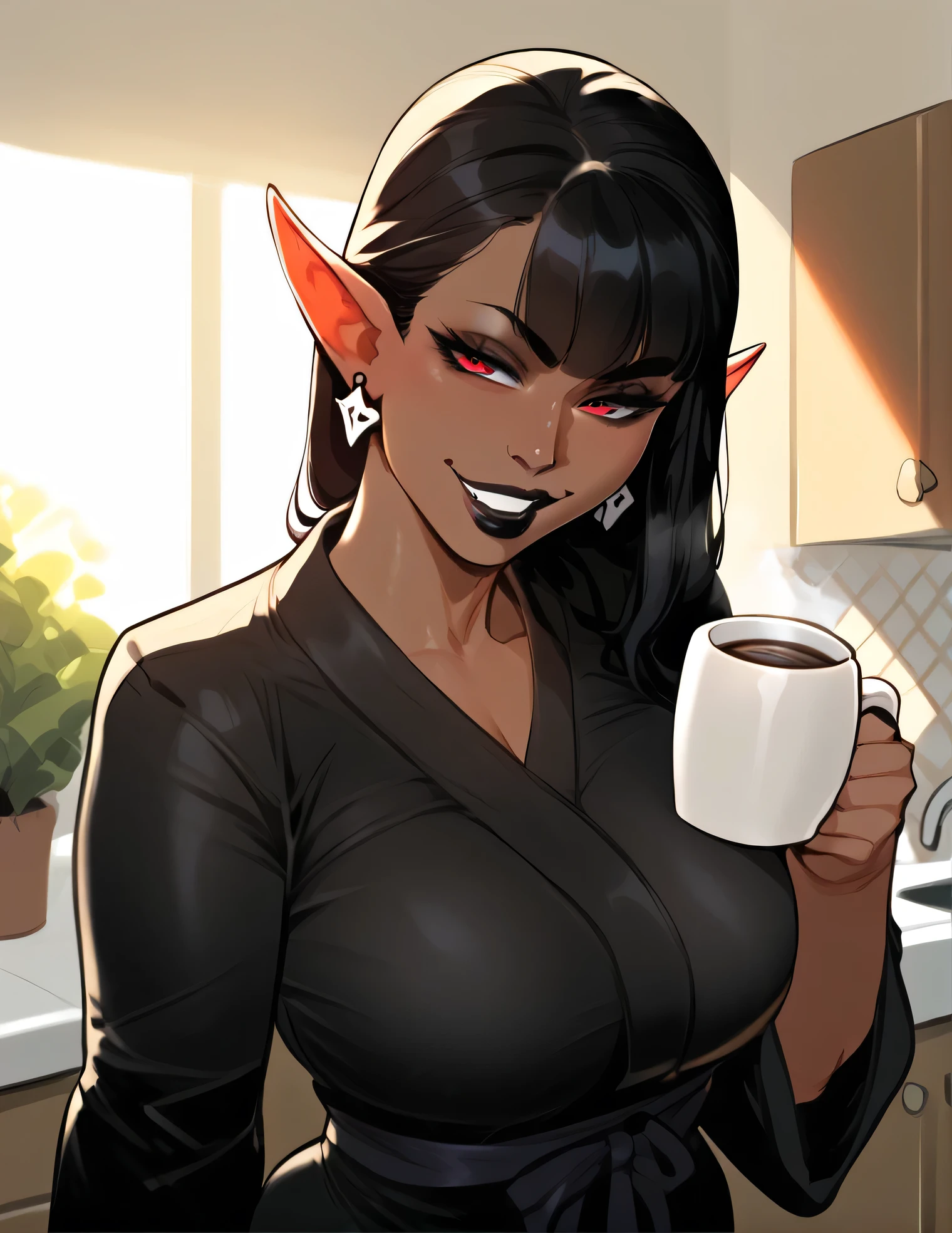 mixed_artwork style, 1girl, ((dark skin)), ((brown skin)), elf ears, goth, ear piercings, red eyes, long black hair, blunt bangs, lips, big lips, black lipstick, black eyeshadow, black fingernails, wide hips, thick thighs, shiny skin, indoors, kitchen, sunrise, black robe, coffee mug, head tilt, smug expression, evil smile