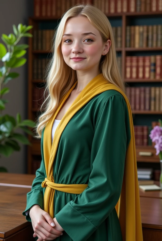 pretty woman the director of magic school, dressed in an office magic green and yelloy robe, stands against the background of a magical office, a table, a magical plant and many ancient magic books, a love atmosphere