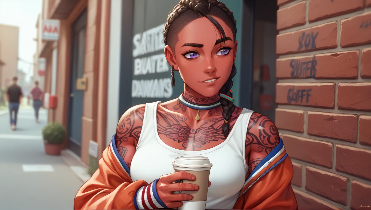  Arthur Adams style and Yusuke Murata ,young woman with red skin but black hair cut in a braided bob ,african braid,and purple eyes puts on a streetwear , athletic, street tattoos. smiled , athletic body, muscular developed, smiled,she drinks a coffee