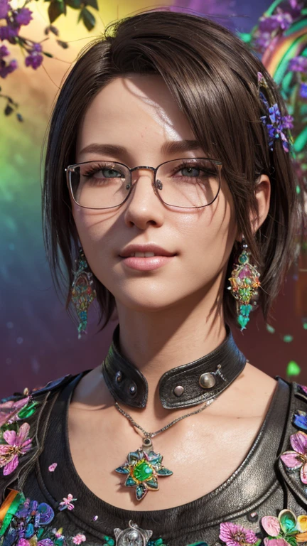 portrait, close-up, upper body. Short red hair, green eyes, glasses with metal frames, Hippie clothes, joyful smile, cheerful girl . (masterpiece, high quality, top quality, official art, Beautiful and aesthetically pleasing:1.2), very detailed,(fractal art:1.2),Colorful,The most detailed, (dynamic pose), (rainbow background:1.5), (many flowers:1.4). ((split. leather texture, shiny skin. elegance. photorealism. unreal engine. 3D model. Ultra high quality textures. high detail. resolution 8k))