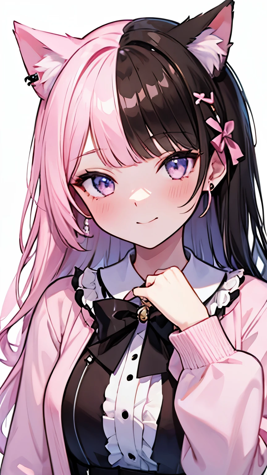 Long Hair, Gray Hair, Pink inner hair, Open your mouth, smile, Panicked, Illustration of pupil not overlapping lower lash line, The lower half of the eye is white, Hollow Eyes, Pink Eyes, Larger clothes, Sleeves are longer than the wrist, , Pink Cardigan, Pink Ribbon, Earrings,  White background, One girl, Cat ears，Alone, hairpin,（Hinano Tachibana）