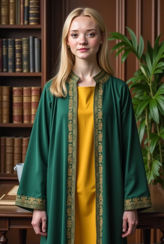 pretty woman the director of magic school, dressed in an office magic green and yelloy robe, stands against the background of a magical office, a table, a magical plant and many ancient magic books, a love atmosphere, a bizarre combination of colors