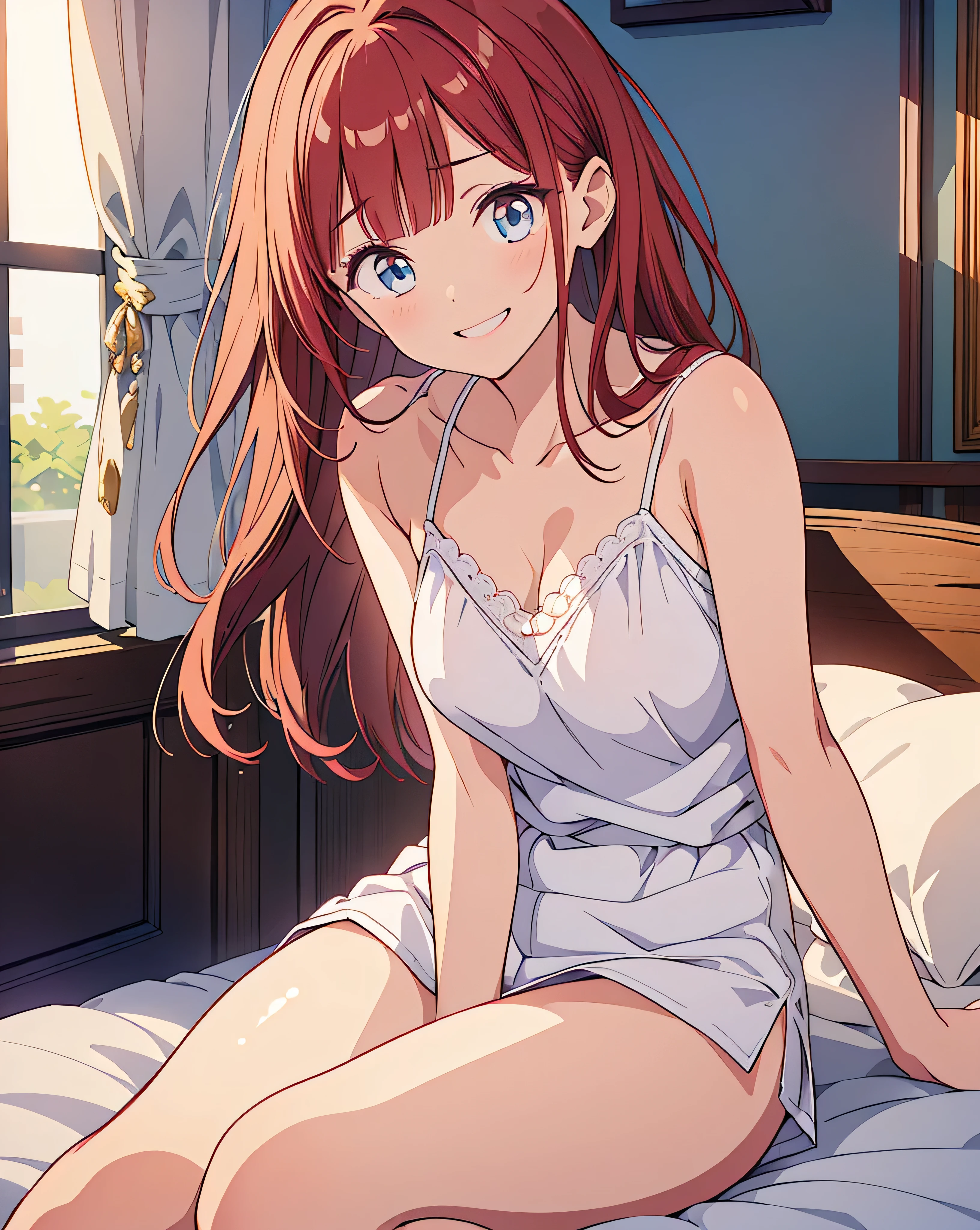 White slip dress,Bedrooms,Kneel on the bed, One guy,Body fit perspective,Curvy, Athletic figure, Nami, orange long hair, Brown eyes, view the viewer, Shy, Smiling,Blushlush,Be red in the face,perspire,diferentes poses,nose blush