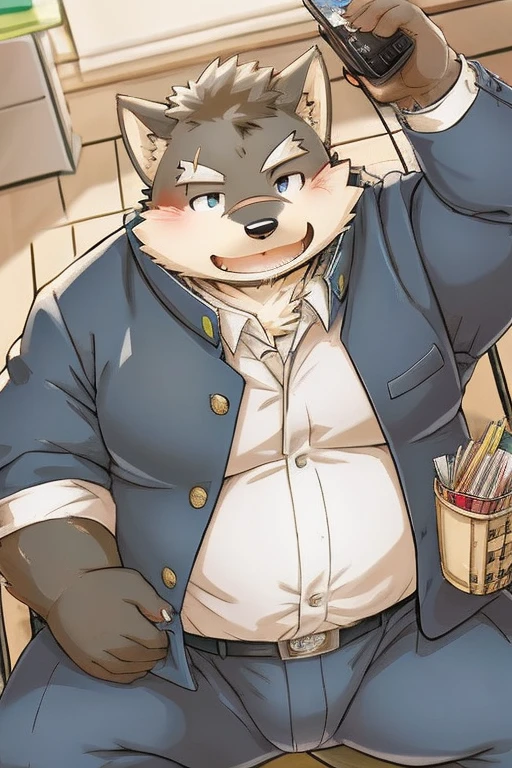 (Jiro Kishita、Moritaka)Weight gain、Being overweight、（（male））（（黒色のfur））、fur、Fluffy、cute、blush（（Wearing gakuran））student、School、classroom、Desk and chair、Study、During class)