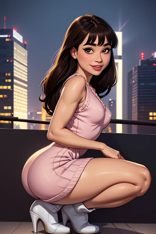 nose, lips, Sitting, on bed, night, glossy, sexy, woman, city, Dress, seductive, smirk, in front,