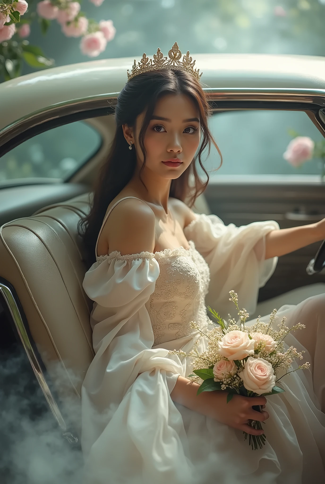 ((Masterpiece)), ((best quality)), 8K, HD, Awesome details, (woman), (White dress with golden yellow trim.), (scattered golden veils), (closed eyes expression) (Sleeping in the car 1.6) (Full-body display 1.4) งานศิลปะเป็นMasterpiece, ด้วยคุณภาพที่ดีที่สุดและAwesome details, captured in 8K HD. Photographic realistic, realistic, very detailed illustrations realistic, Octane rendering