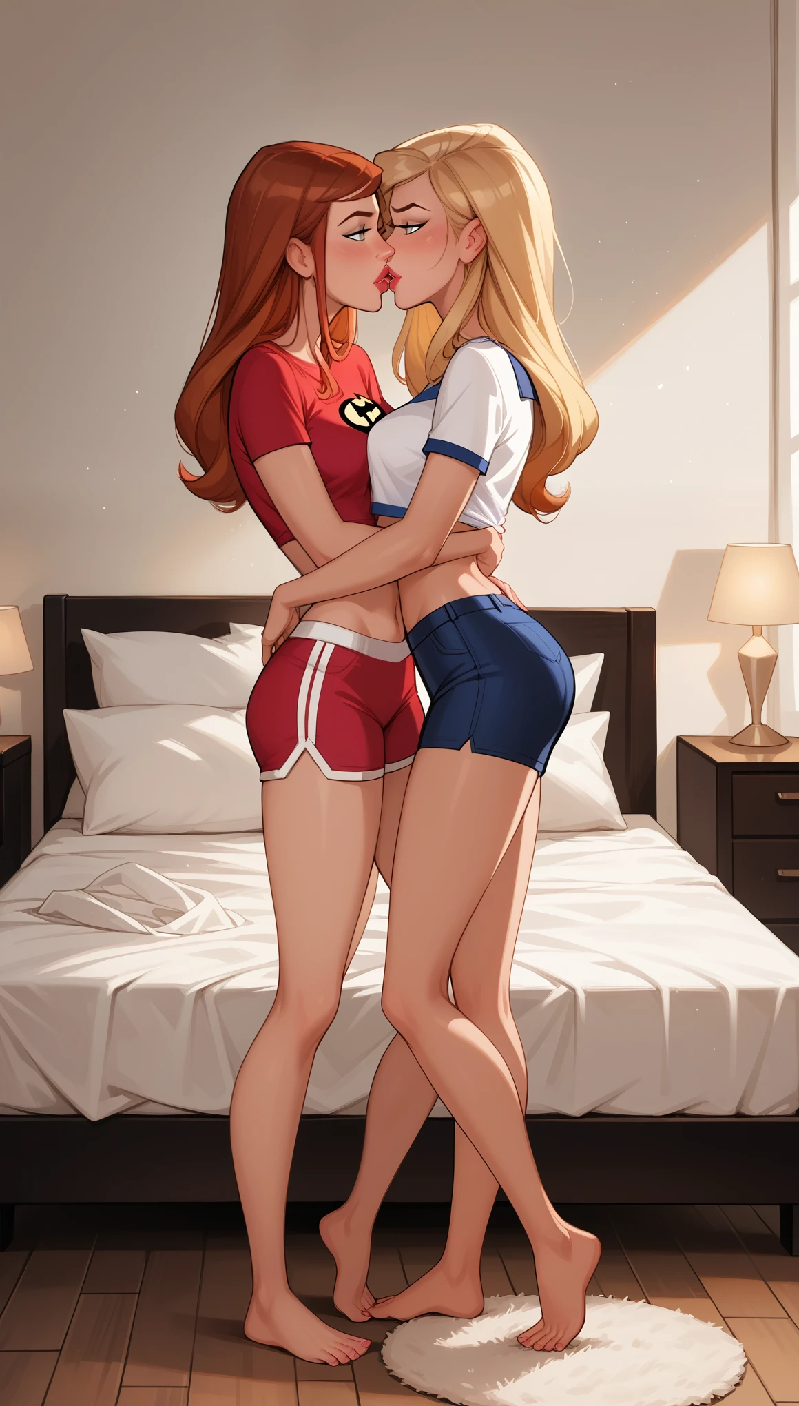 score_9, score_8_up, score_7_up, dcaustyle, source_cartoon, 2girls, duo, couple, yuri, (Kara Zor-El, blonde:1.3) and (Barbara Gordon, reddish brown hair:1.2), wearing sexy booty shorts, tight tshirts, short sleeves, midriff, barefoot, flirt, gaze, sexy look, half-closed eyes, filled lips, thick lips, makeup, embracing, side view, (in the bedroom:1.4), (full bodies in view), expressiveh d4rk01l, perfect hands, perfect proportions.