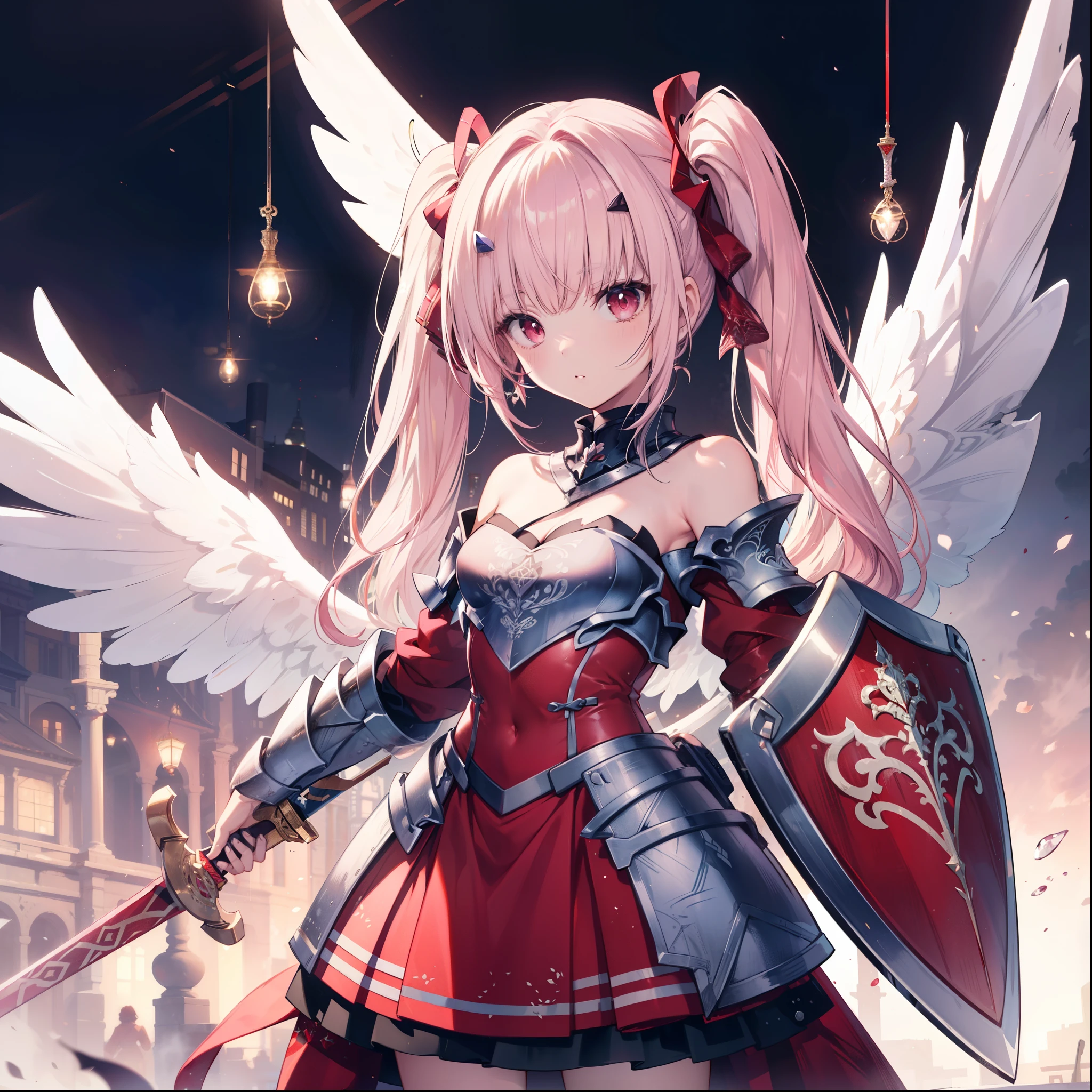 High image quality, masterpiece, Delicate Hair, Delicate eyes, Delicate Hair, ((masterpiece, 最High image quality)), High image quality, masterpiece, Delicate Hair, Delicate eyes,(Photo Original)，One Girl， Description of the whole body，((pink))，beautiful girl, ((pinkのLong Hair)), Twin tails, ((Red eyes)), (Angel Wings), Realist, face, Small breasts, ((Crimson Armor Dress)), ((Off the shoulder))，((Sword and Shield))， Red Gauntlet, bare shoulders, Detailed red armor、gem、Bustier、Red Skirt， mini skirt, that&#39;that&#39;Ridiculous., Short Strap, Written boundary depth, High resolution, Very detailed,student, Sharp focus, Cinema Lighting, Daikon,Long Hair,(loose Long Hair),Upper Body,Ruins,Strong Shadows,Ash,((Ink wAsh painting)),((ink splAshing)),((color splAshing))