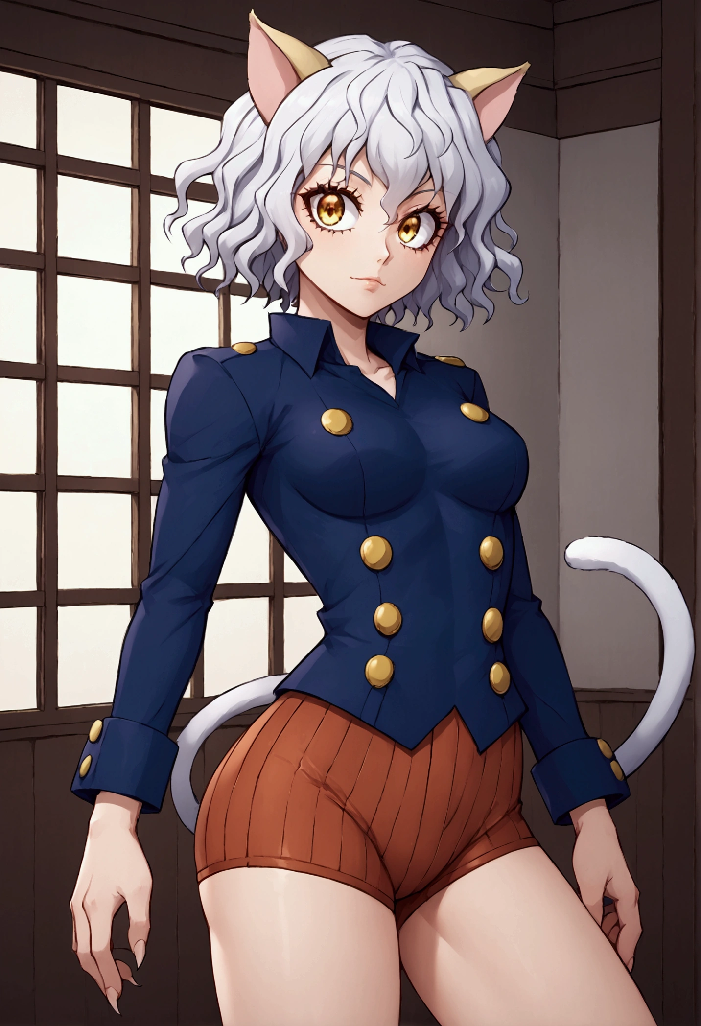 neferpitou, neferpitou, short hair, (golden eyes :1.5), animal ears, hair between the eyes, tail, white hair, cat ears, cat tail, cat girl, curly hair, peitos grandes to break long sleeves, shorts,short red , short and tight shorts short and tight sleeveless bra red bra, to break looking at viewer, to break indoors, academia (cowboy shot:1.5), to break (masterpiece:1.2), best quality, alta resolución, unity 8k wallpaper, (Illustration:0.8), (beautiful detailed eyes:1.6), extremely detailed face, perfect lighting, extremely detailed CG, (perfect hands, perfect anatomy), hunter  x  hunter 