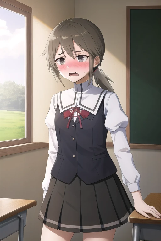 1girl, solo, brown hair, brown eyes, low ponytail, school uniform, pleated skirt, black skirt, puffy sleeves, vest, 12years old, petite,
BREAK (embarrassed, anguish:1.2),
BREAK from front, (from side:0.3), cowboy shot,
BREAK classroom,
BREAK (illustration:1.1),
BREAK (masterpiece, best quality, ultra detailed, professional quality:1.1), (HD), rich contrast,