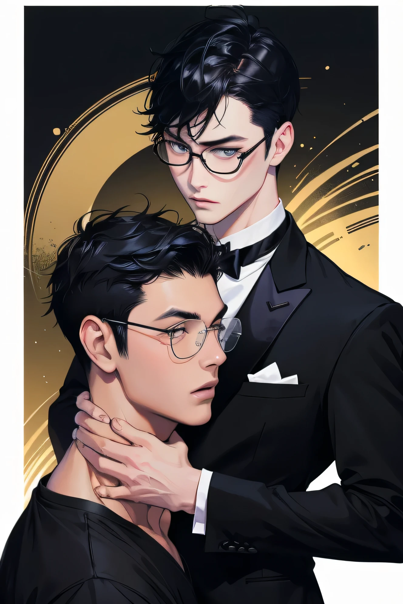 Japanese　　Handsome　Short cut　Shaved head　Black Hair　male　Black Tuxedo　formal　Upper Body　Being thin　Background Universe　Short cut　Shaved head　Men flirting with each other　Only one person wearing metal frame glasses
