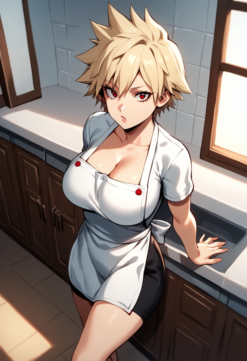 score_9, score_8_above, score_7_above, score_6_above, source_anime, 1 , Alone, , blonde hair, spiky hair, short hair, red eyes, mature woman, short kitchen apron with accentuated neckline nude , short sleeves cleavage, big breasts, looking at the viewer mesmerized by you , not sex , inside the house, thighs,dynamic pose
