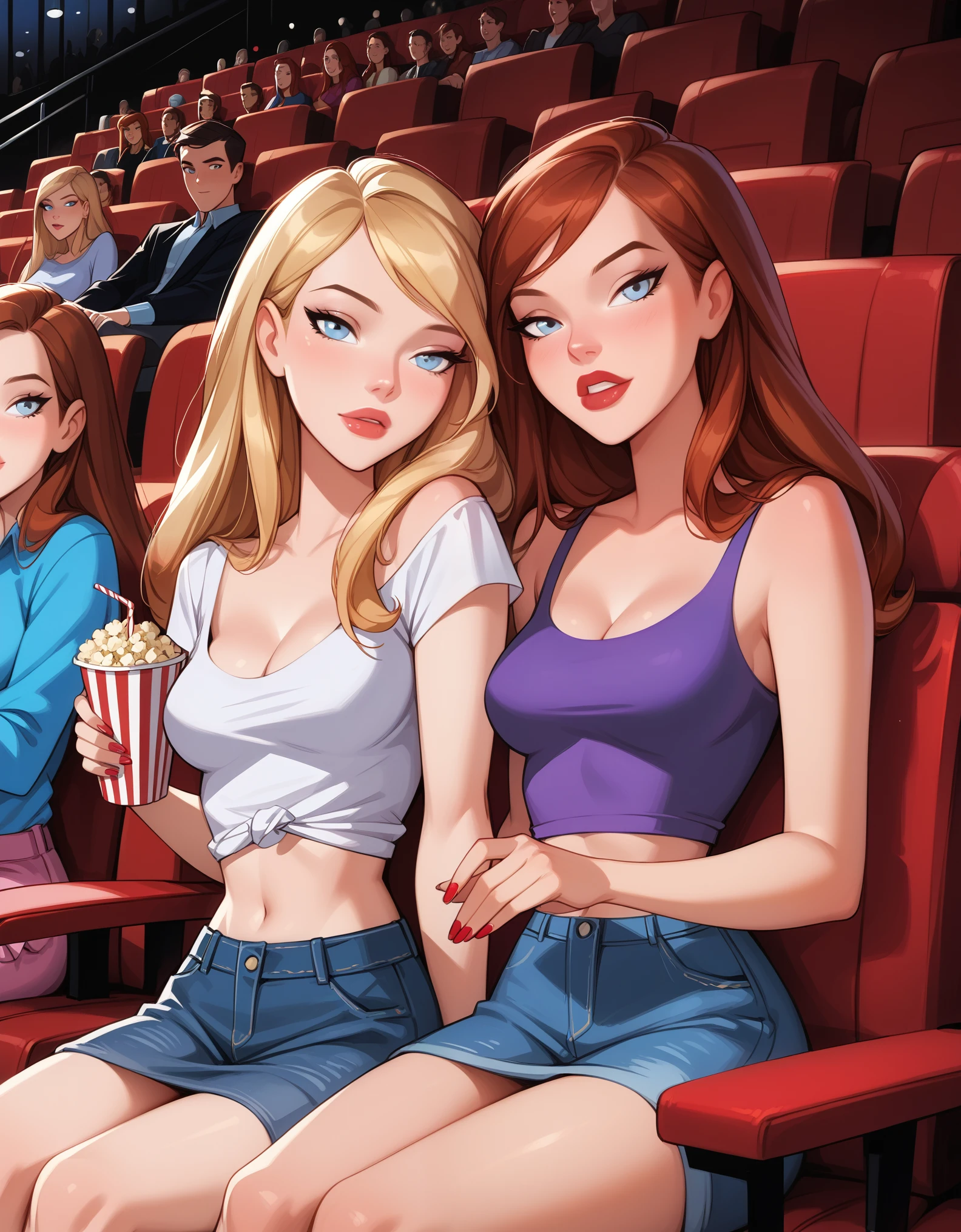 score_9, score_8_up, score_7_up, dcaustyle, source_cartoon, 2girls, duo, (Kara Zor-El, blonde:1.3) and (Barbara Gordon, reddish brown hair:1.2), wearing sexy casual clothes, midriff, flirt, gaze, sexy look, half-closed eyes, head tilt, filled lips, thick lips, makeup, in a (movie theater, cinema, large crowd, no empty seats:1.4), sitting next to one another enjoying the movie, drinks and popcorn, romantic date, in love, expressiveh d4rk01l, perfect hands, perfect proportions.