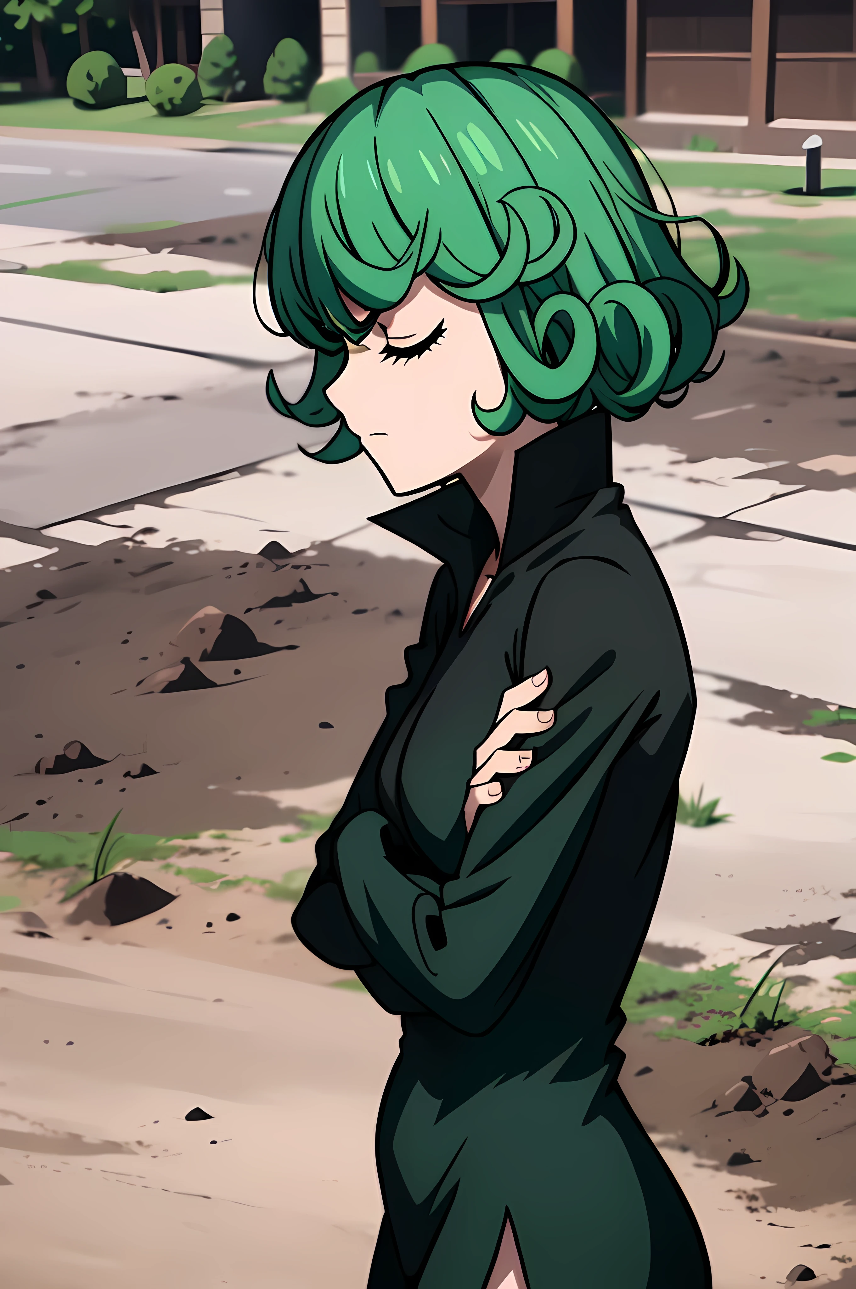 absurdres, highres, ultra detailed, tatsumakitornado, short green hair, curly hair, black dress, long sleeves, outdoor, A gram, crossed arms, underneath, looking away, closed eyes