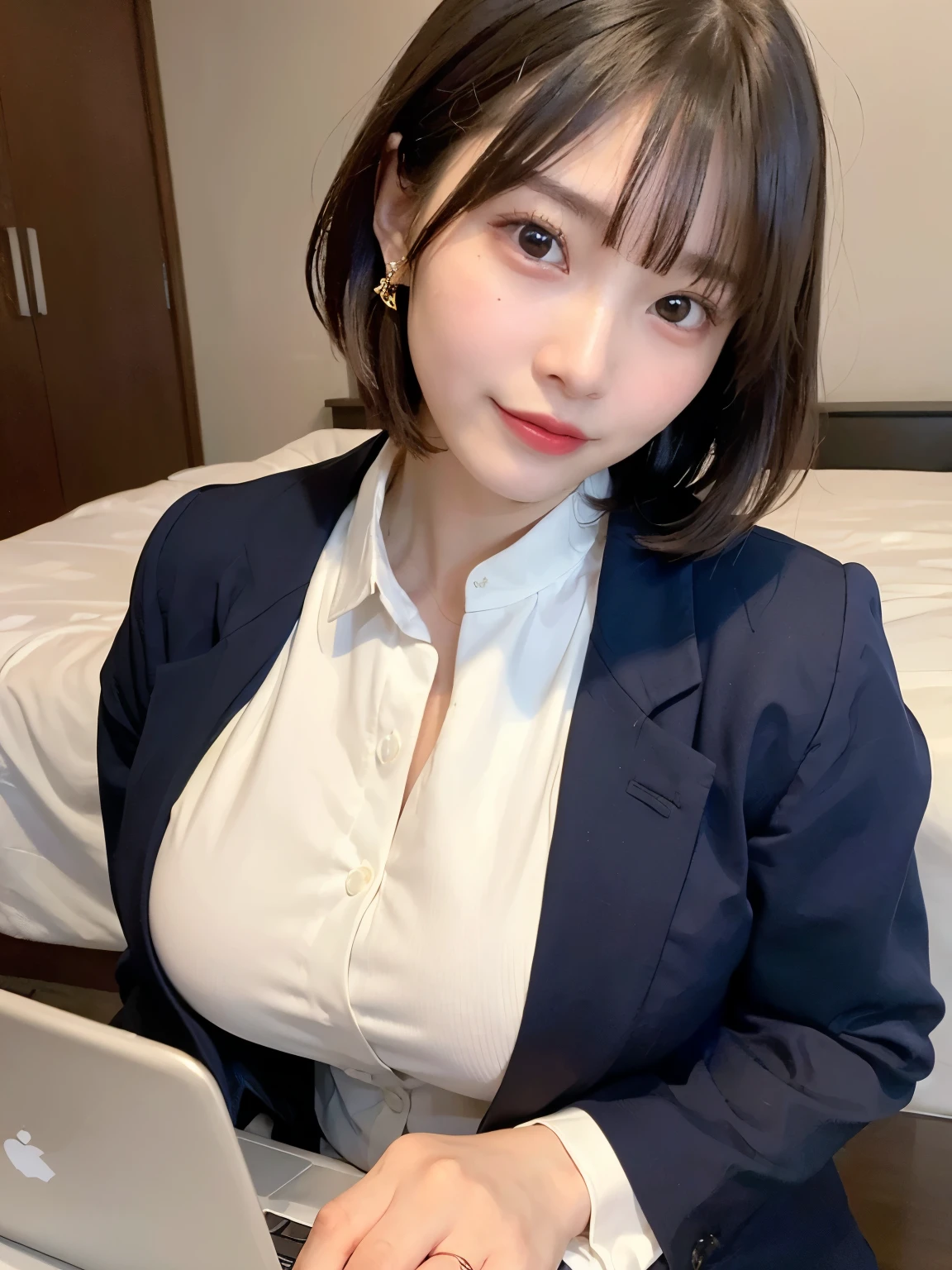 ((Top Quality, 8k, Masterpiece: 1.3)), ((1 girl)), Preschool Teacher woman, (Huge Breasts:1.2), ((Navy blue blazer)), ((paired with a white shirt and black slacks)), sitting on the edge of a hotel bed with a laptop in her lap, working,  Posing like a model, gold earring, (Women in Japan:1.05), ((short bob hair)), diffused natural skin glow, physically-based rendering, extra detailed face, Detailed skin, mole:0.1, In a business hotel room, sitting on a neatly made bed with a laptop, with a functional and modern interior