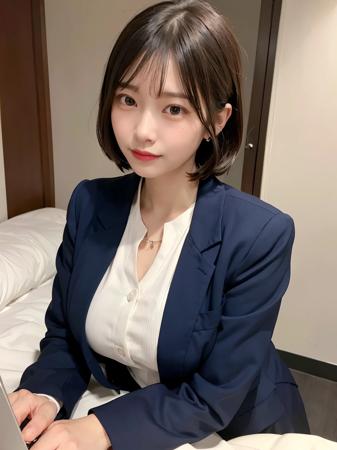 ((Top Quality, 8k, Masterpiece: 1.3)), ((1 girl)), Preschool Teacher woman, (Huge Breasts:1.2), ((Navy blue blazer)), ((paired with a white shirt and black slacks)), sitting on the edge of a hotel bed with a laptop in her lap, working,  Posing like a model, gold earring, (Women in Japan:1.05), ((short bob hair)), diffused natural skin glow, physically-based rendering, extra detailed face, Detailed skin, mole:0.1, In a business hotel room, sitting on a neatly made bed with a laptop, with a functional and modern interior