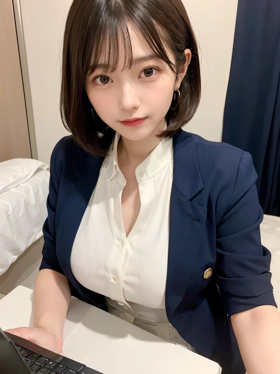 ((Top Quality, 8k, Masterpiece: 1.3)), ((1 girl)), Preschool Teacher woman, (Huge Breasts:1.2), ((Navy blue blazer)), ((paired with a white shirt and black slacks)), sitting on the edge of a hotel bed with a laptop in her lap, working,  Posing like a model, gold earring, (Women in Japan:1.05), ((short bob hair)), diffused natural skin glow, physically-based rendering, extra detailed face, Detailed skin, mole:0.1, In a business hotel room, sitting on a neatly made bed with a laptop, with a functional and modern interior