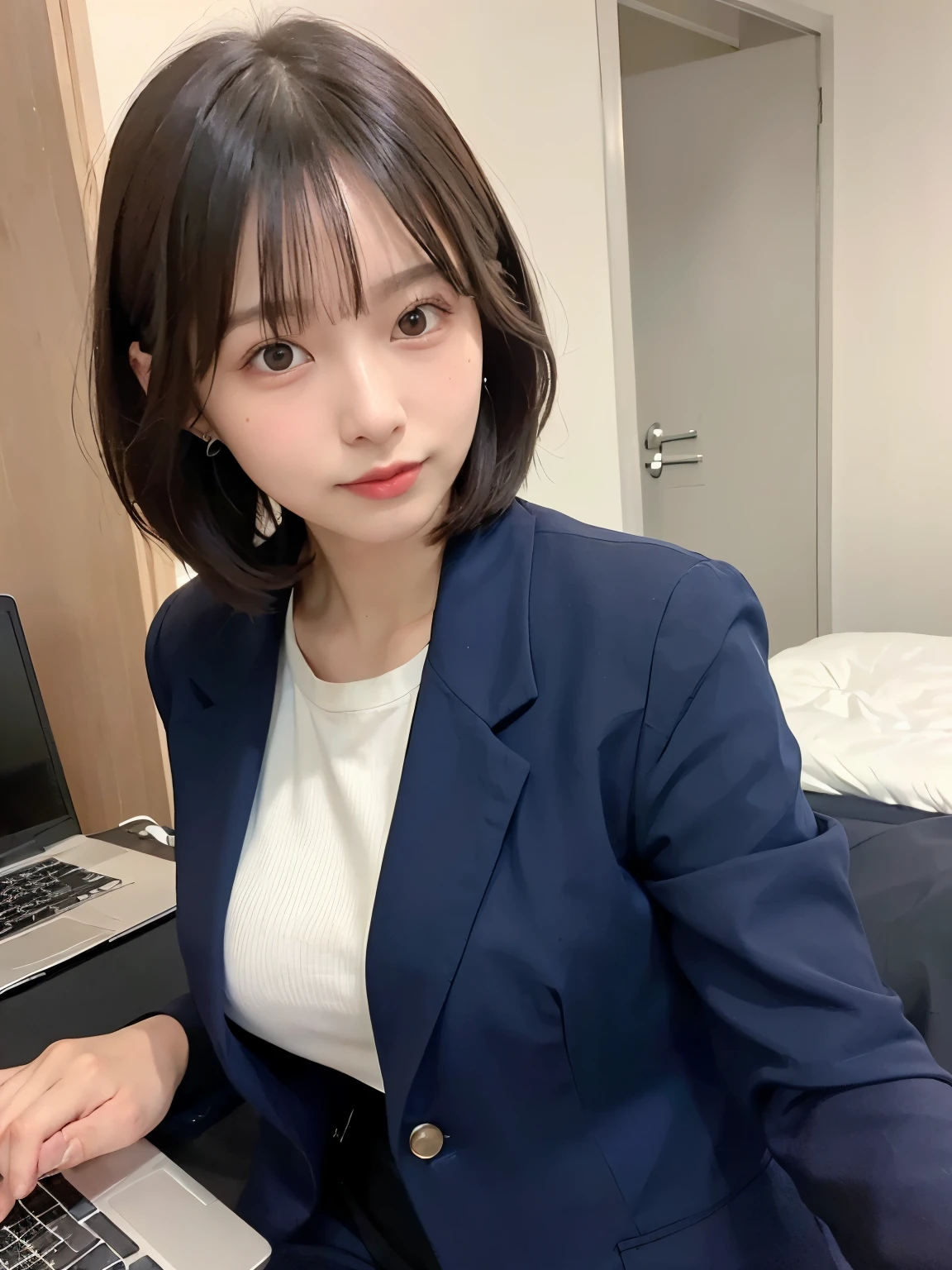 ((Top Quality, 8k, Masterpiece: 1.3)), ((1 girl)), Preschool Teacher woman, (Huge Breasts:1.2), ((Navy blue blazer)), ((paired with a white shirt and black slacks)), sitting on the edge of a hotel bed with a laptop in her lap, working,  Posing like a model, gold earring, (Women in Japan:1.05), ((short bob hair)), diffused natural skin glow, physically-based rendering, extra detailed face, Detailed skin, mole:0.1, In a business hotel room, sitting on a neatly made bed with a laptop, with a functional and modern interior